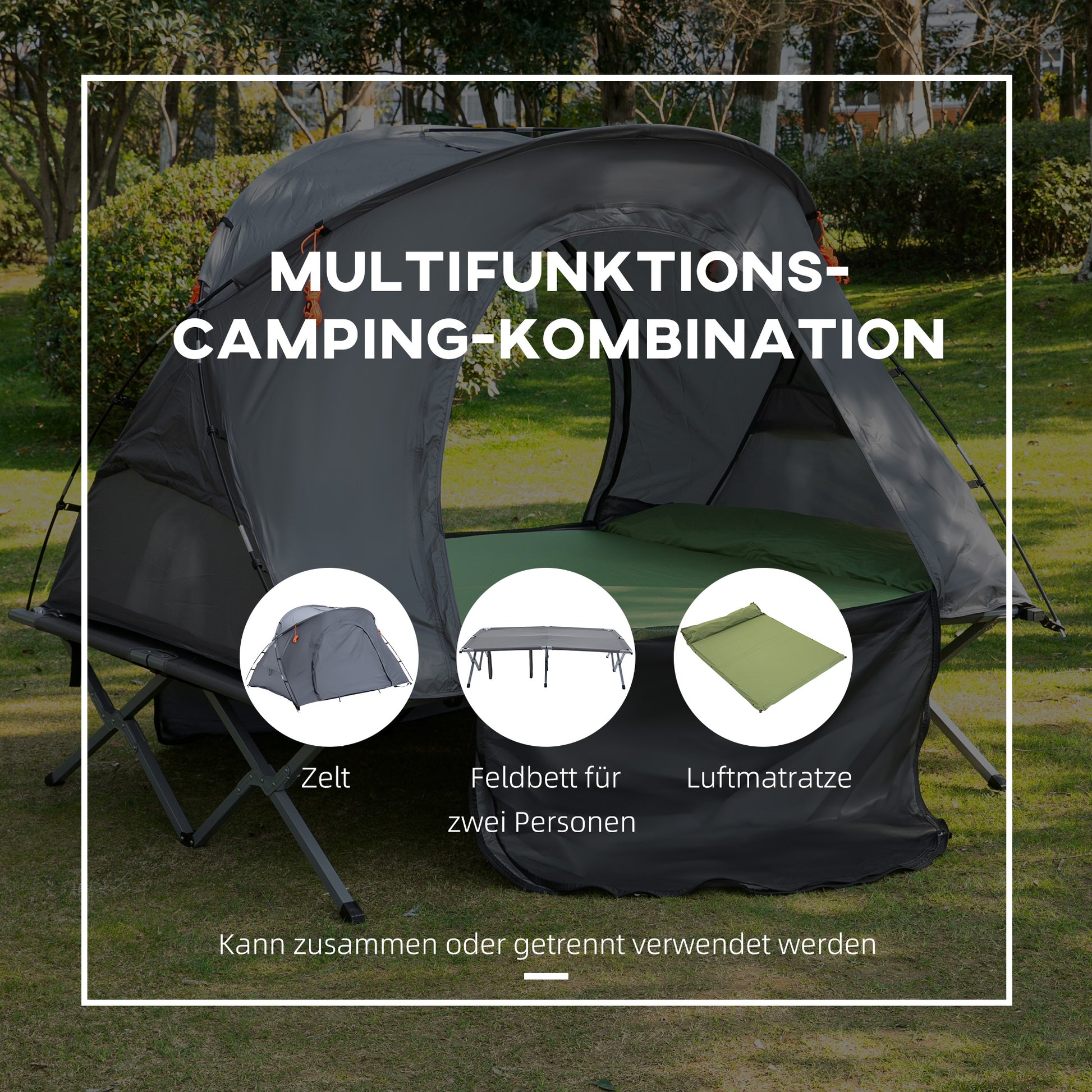 Camping Bed with Elevated Tent Double Cot with Air Mattress incl. Carry Bag Gray 200 x 146 x 159 cm