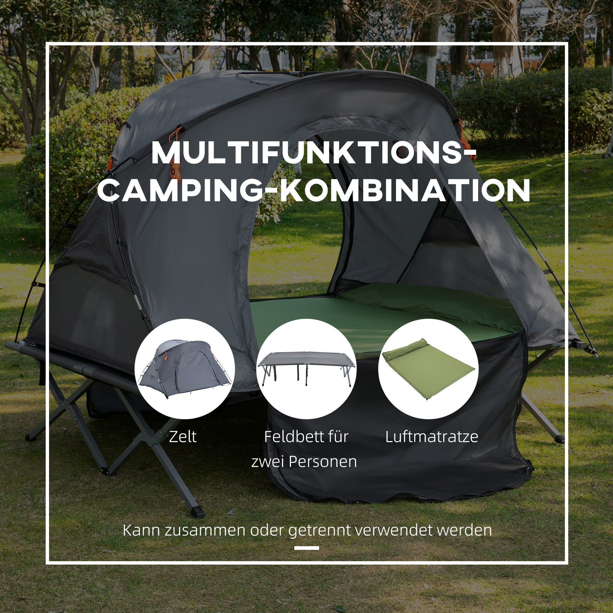 Camping Bed with Elevated Tent Double Cot with Air Mattress incl. Carry Bag Gray 200 x 146 x 159 cm