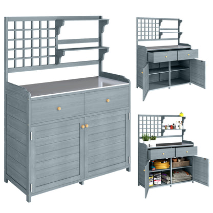 Light Gray Outdoor Potting Bench with Cabinet & Galvanized Worktop, 2 Drawers — 104 x 44 x 140 cm (41 x 17.3 x 55.1 in)