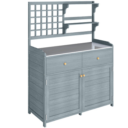 Light Gray Outdoor Potting Bench with Cabinet & Galvanized Worktop, 2 Drawers — 104 x 44 x 140 cm (41 x 17.3 x 55.1 in)