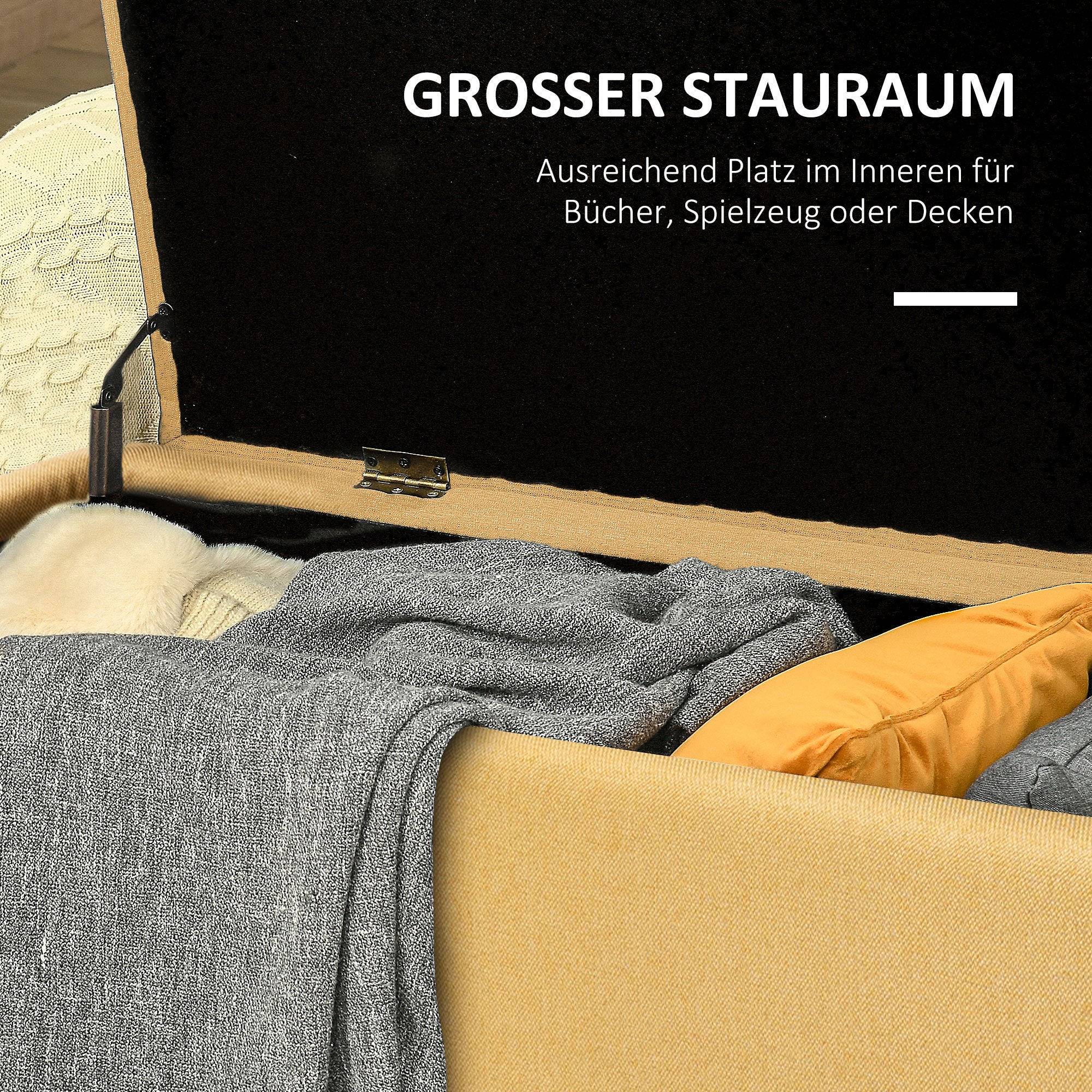 Storage Bench, Upholstered Bench with Storage, Linen Look, Bed Bench with Steel Legs for Living Room, Hallway, Bedroom, up to 150 kg Capacity, 101 x 38.5 x 44.5 cm, Yellow