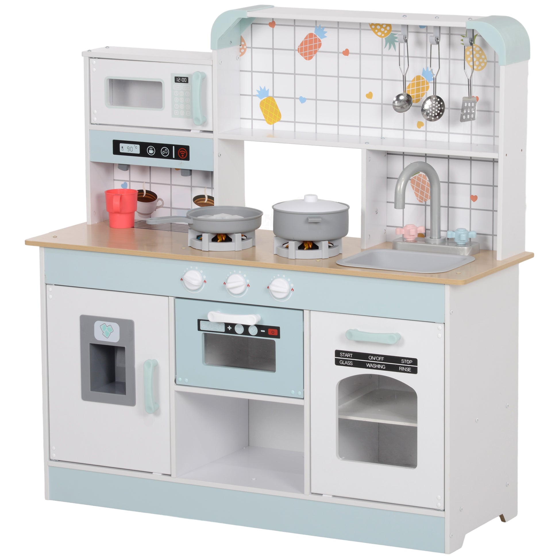 Kids Kitchen Play Kitchen with Lights, Sounds, Coffee Machine, Ice Maker, Microwave, Oven, Kitchen Accessories, Doll Kitchen for 3+ Years Kids, White