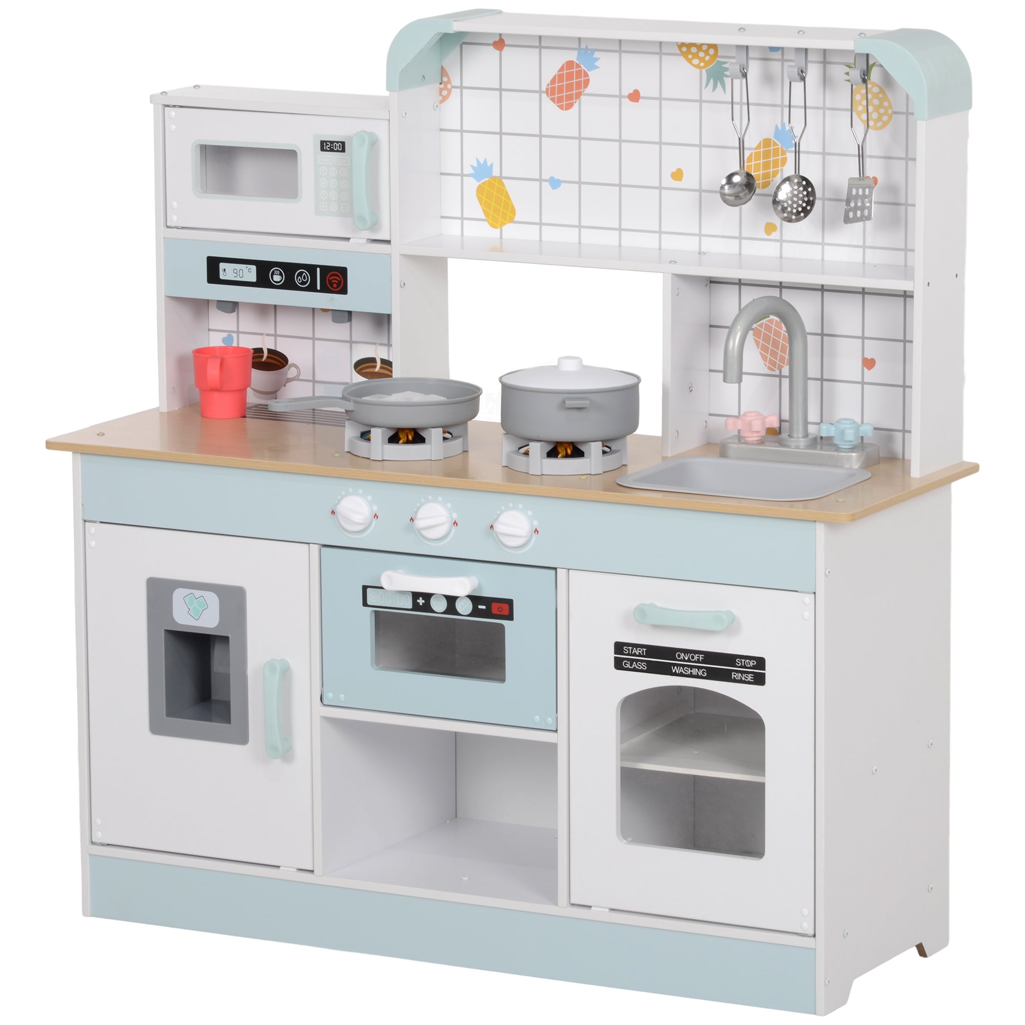 Kids Kitchen Play Kitchen with Lights, Sounds, Coffee Machine, Ice Maker, Microwave, Oven, Kitchen Accessories, Doll Kitchen for 3+ Years Kids, White
