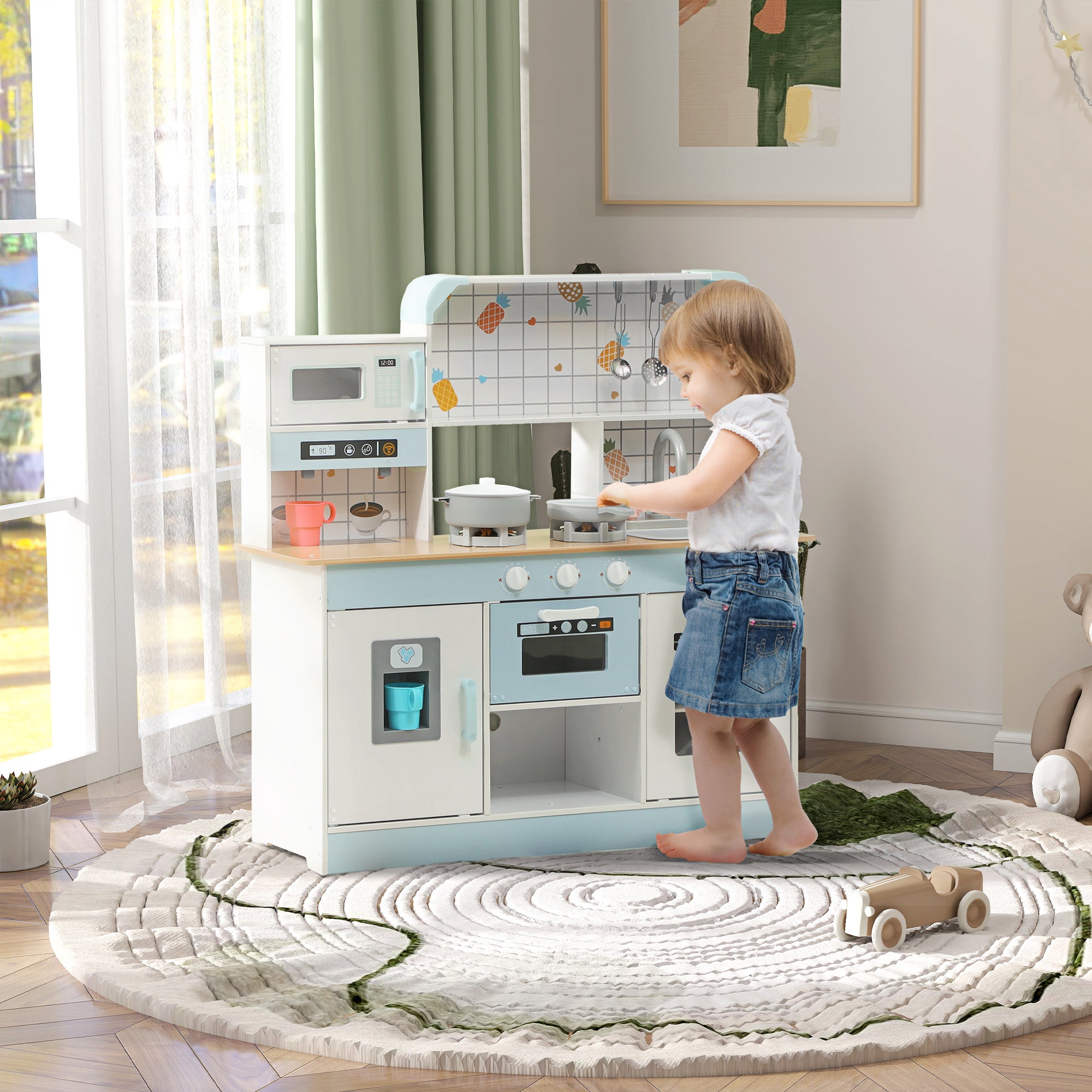 Kids Kitchen Play Kitchen with Lights, Sounds, Coffee Machine, Ice Maker, Microwave, Oven, Kitchen Accessories, Doll Kitchen for 3+ Years Kids, White