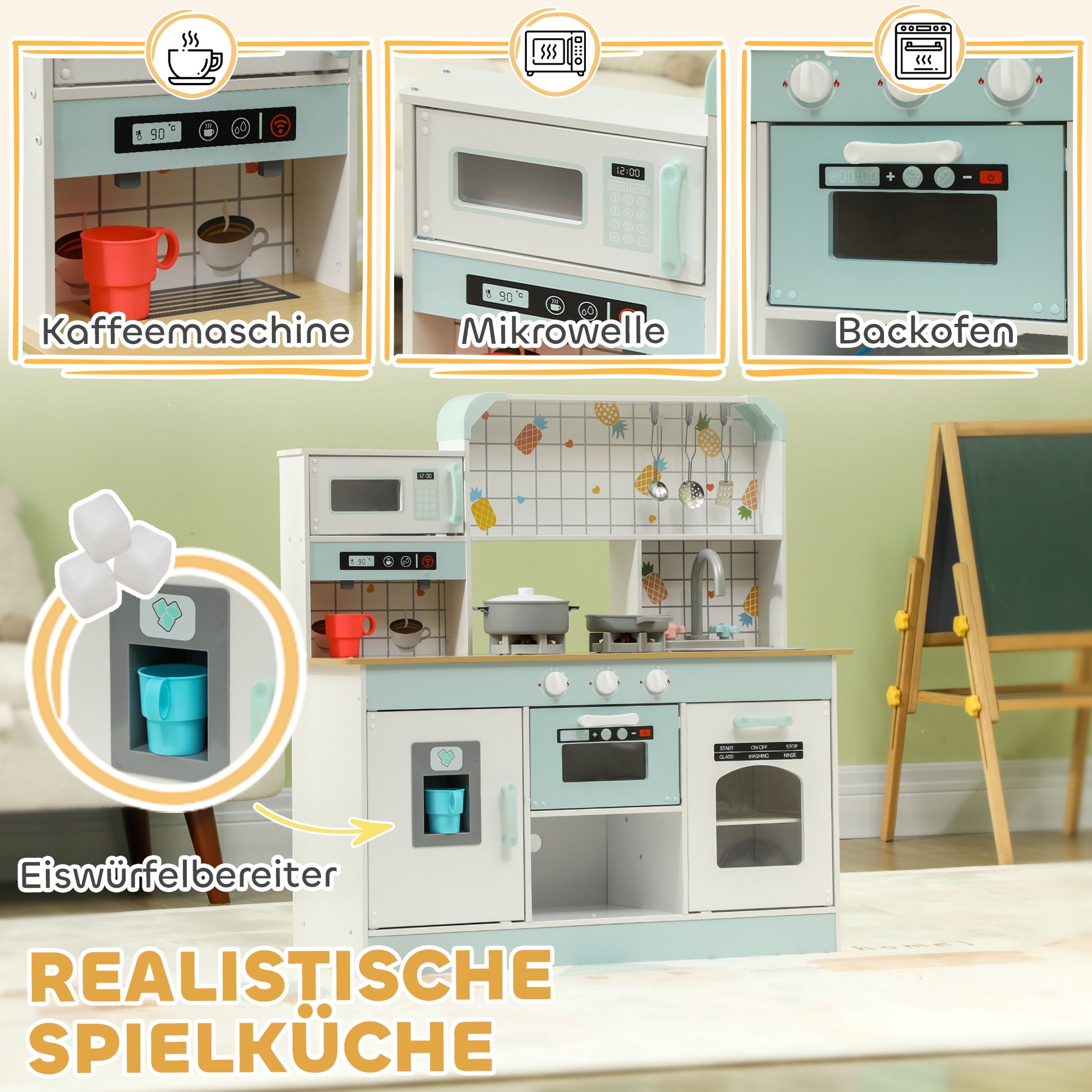 Kids Kitchen Play Kitchen with Lights, Sounds, Coffee Machine, Ice Maker, Microwave, Oven, Kitchen Accessories, Doll Kitchen for 3+ Years Kids, White
