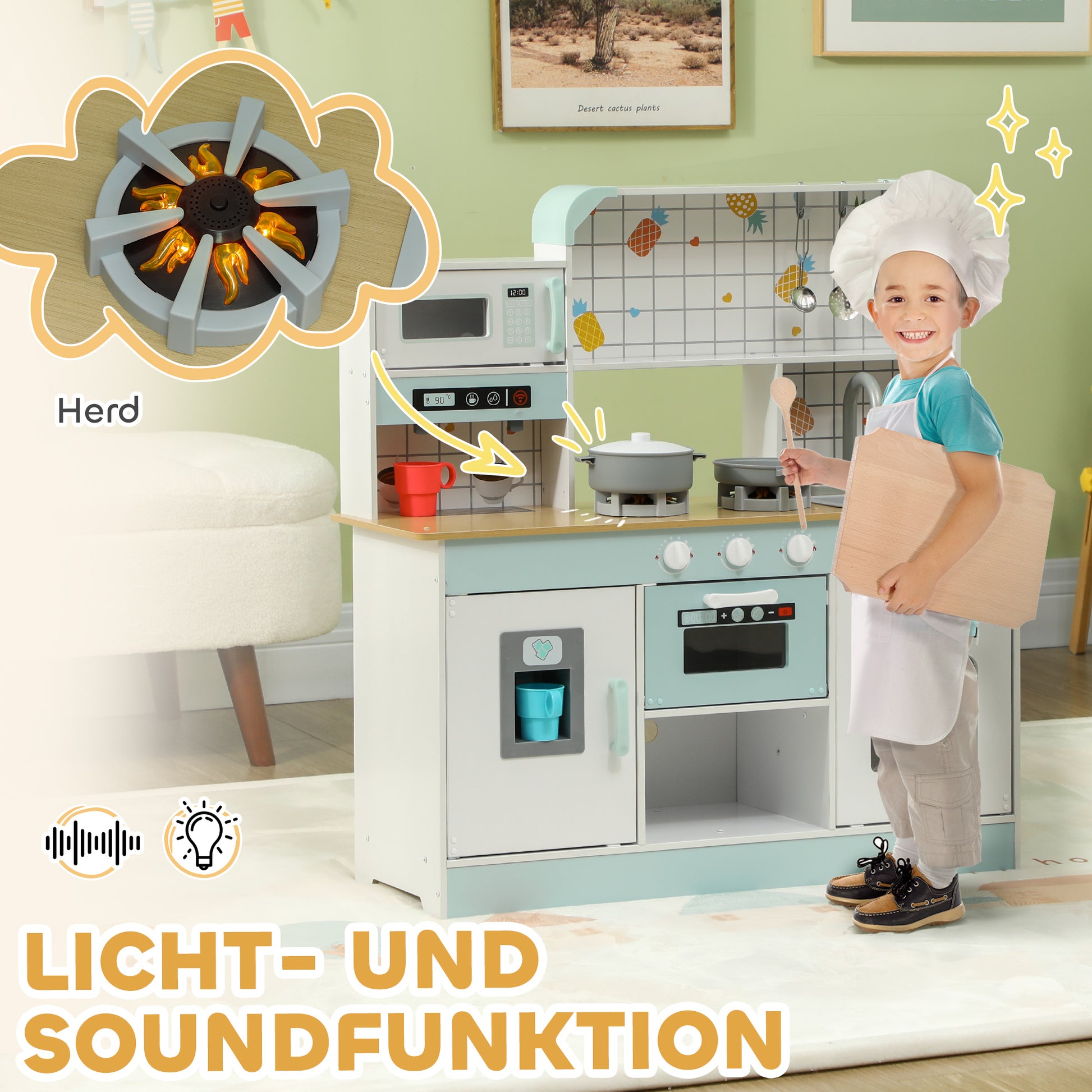 Kids Kitchen Play Kitchen with Lights, Sounds, Coffee Machine, Ice Maker, Microwave, Oven, Kitchen Accessories, Doll Kitchen for 3+ Years Kids, White