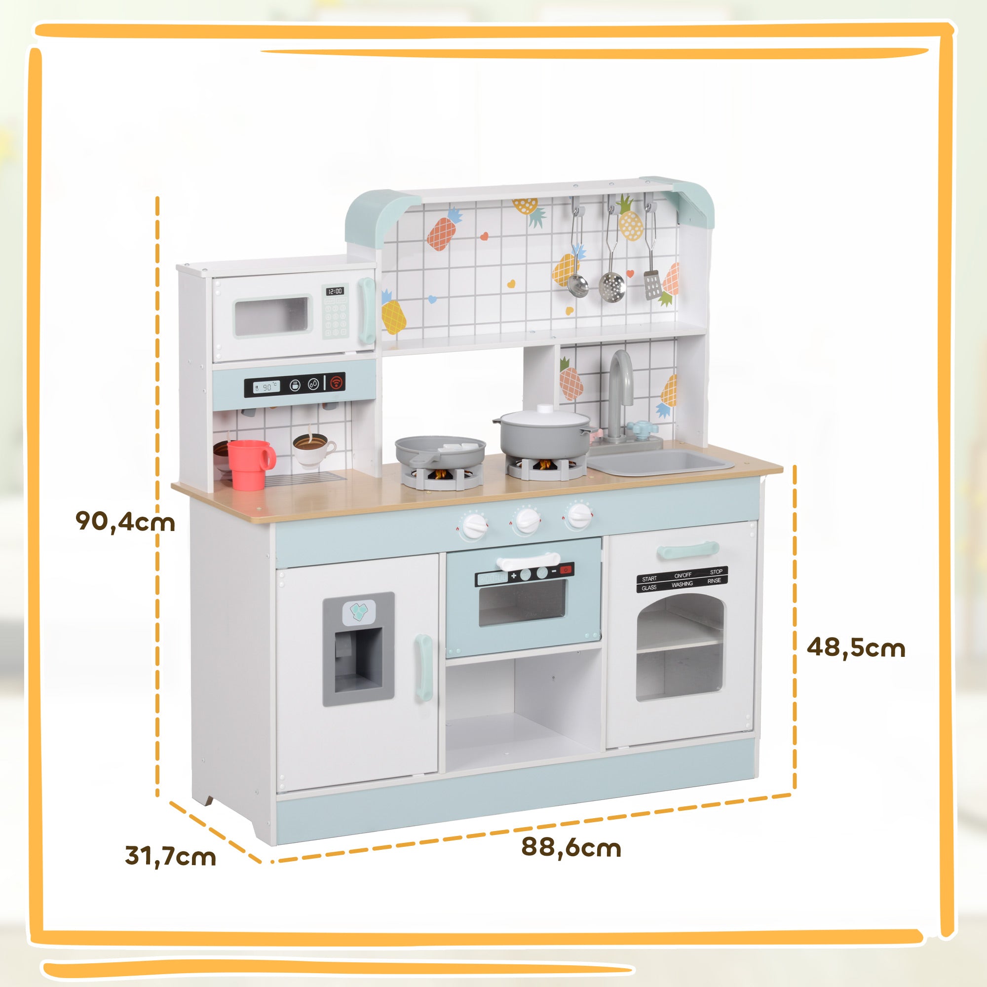 Kids Kitchen Play Kitchen with Lights, Sounds, Coffee Machine, Ice Maker, Microwave, Oven, Kitchen Accessories, Doll Kitchen for 3+ Years Kids, White