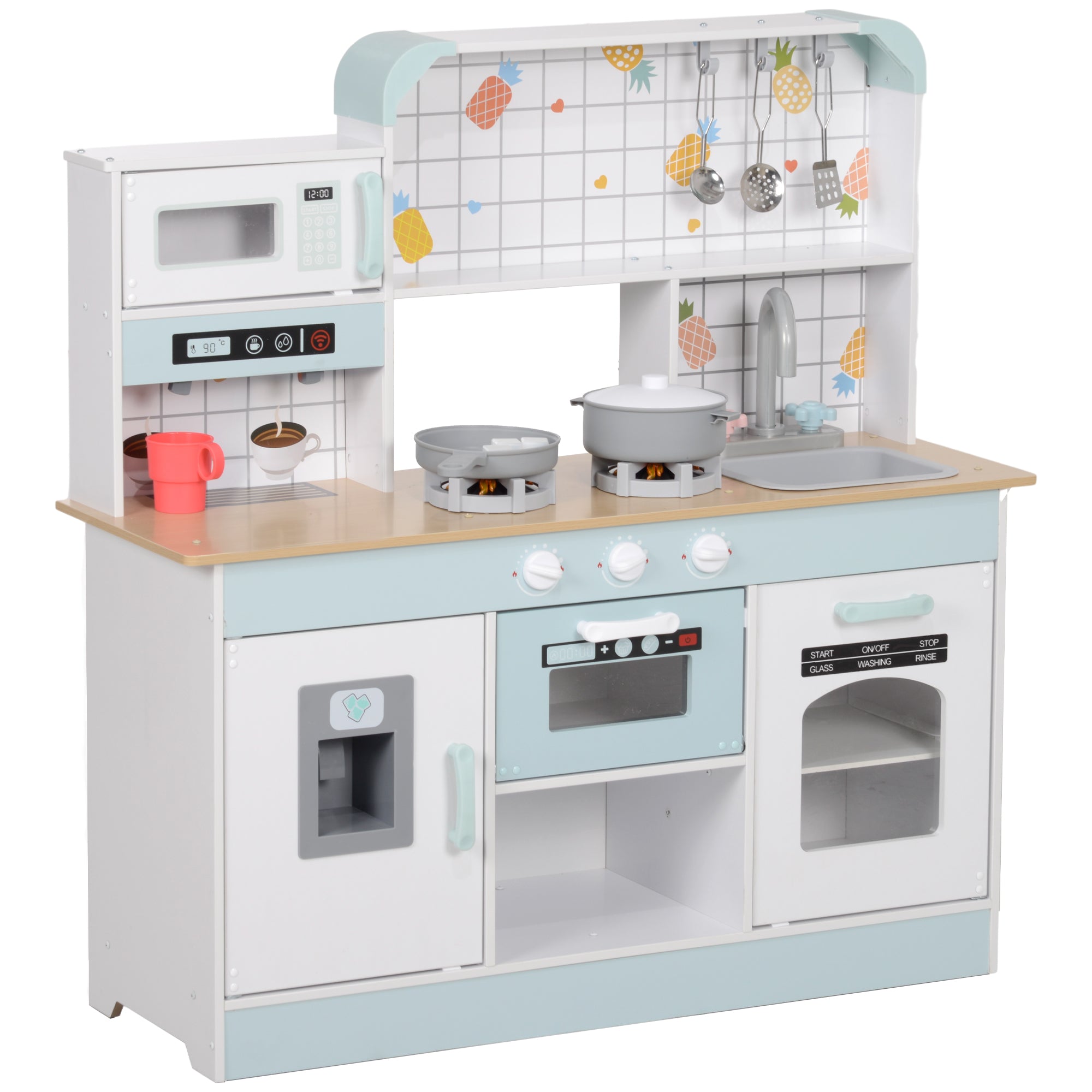 Kids Kitchen Play Kitchen with Lights, Sounds, Coffee Machine, Ice Maker, Microwave, Oven, Kitchen Accessories, Doll Kitchen for 3+ Years Kids, White