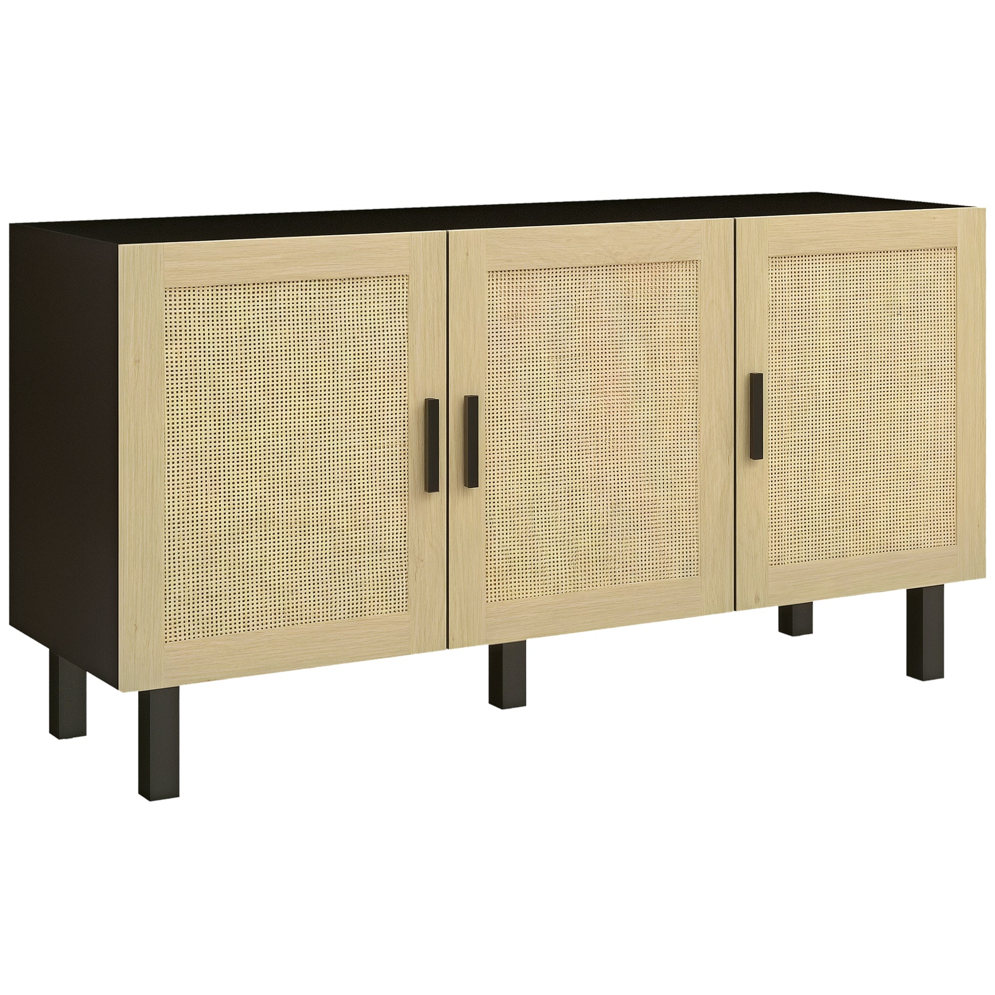 Rattan Storage Buffet with Cane Effect Door Cupboards, Adjustable Shelves, Storage Cabinet for Living Room, Kitchen, Bedroom, 136 x 41 x 70 cm, Black and Natural Wood