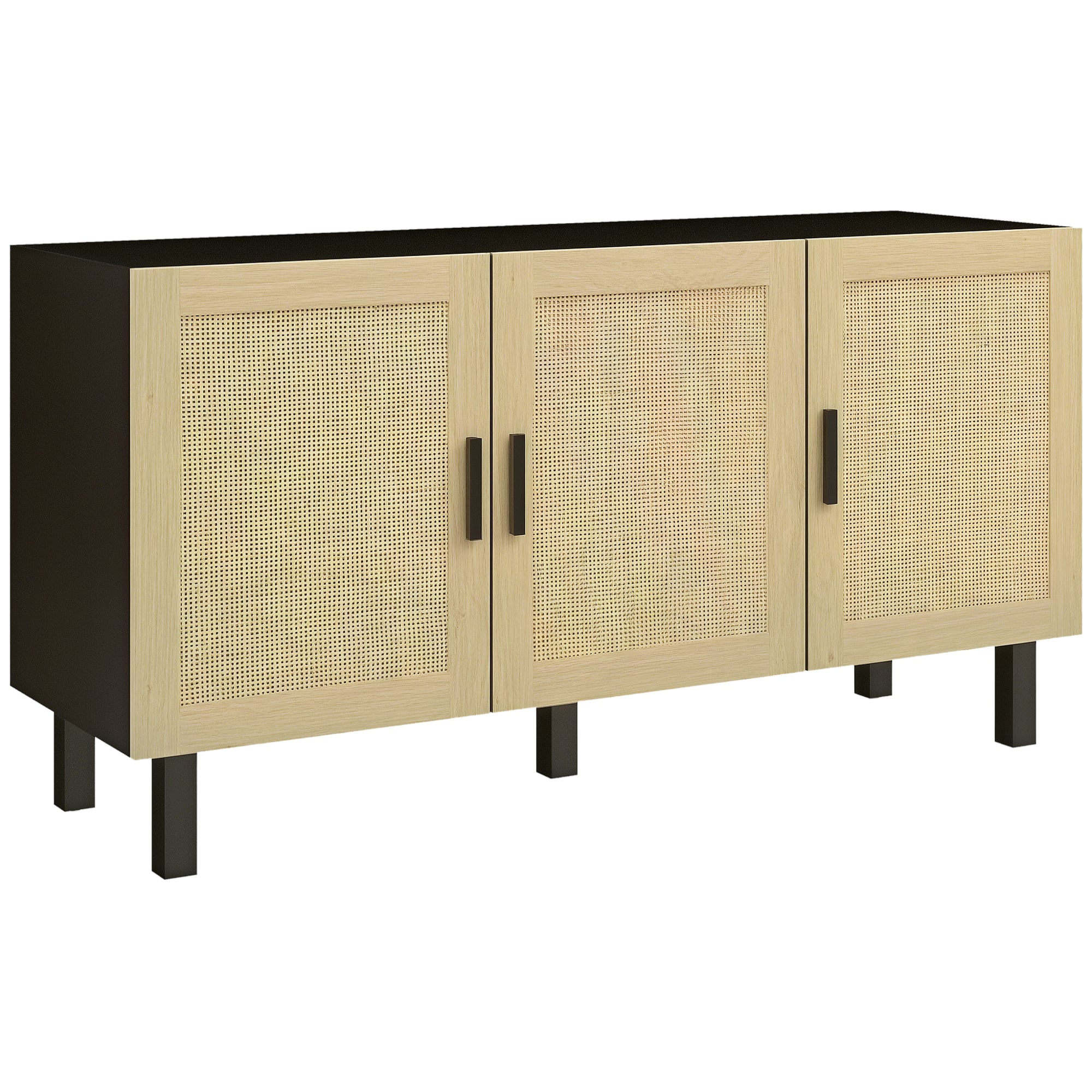 Rattan Storage Buffet with Cane Effect Door Cupboards, Adjustable Shelves, Storage Cabinet for Living Room, Kitchen, Bedroom, 136 x 41 x 70 cm, Black and Natural Wood