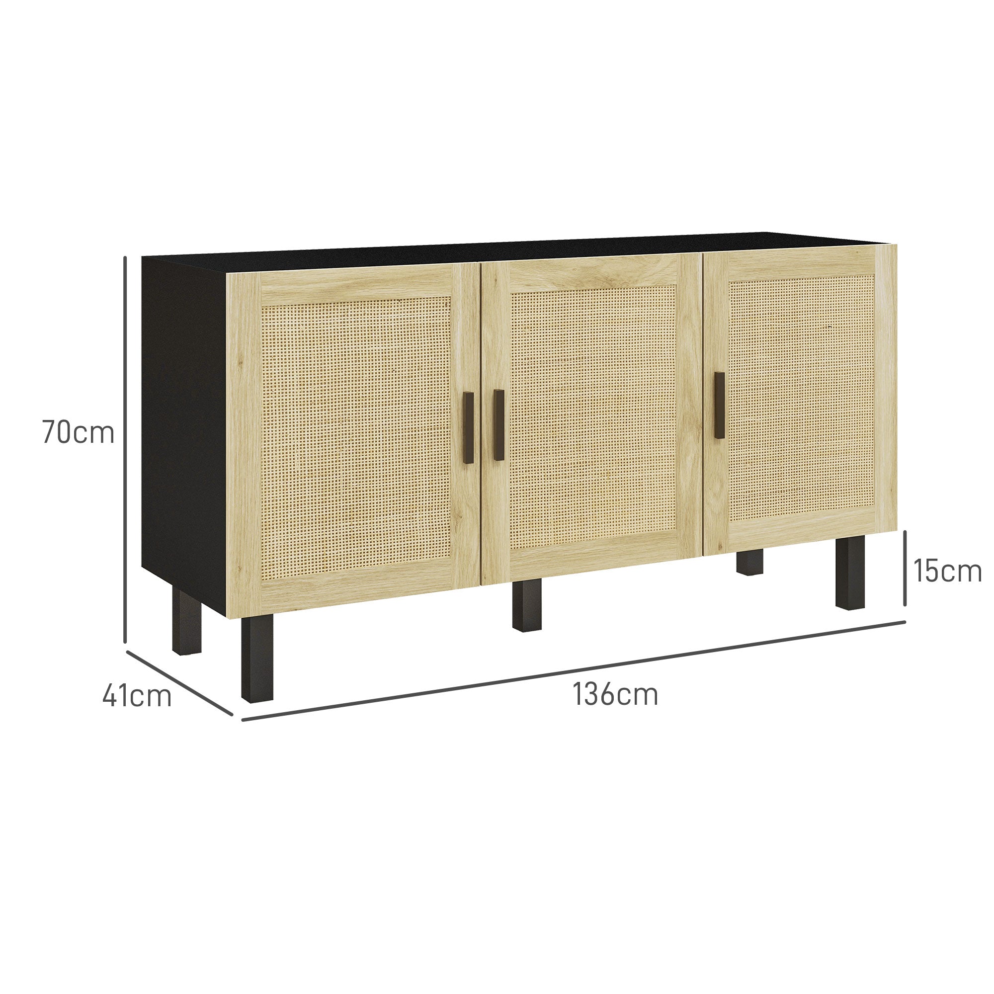 Rattan Storage Buffet with Cane Effect Door Cupboards, Adjustable Shelves, Storage Cabinet for Living Room, Kitchen, Bedroom, 136 x 41 x 70 cm, Black and Natural Wood