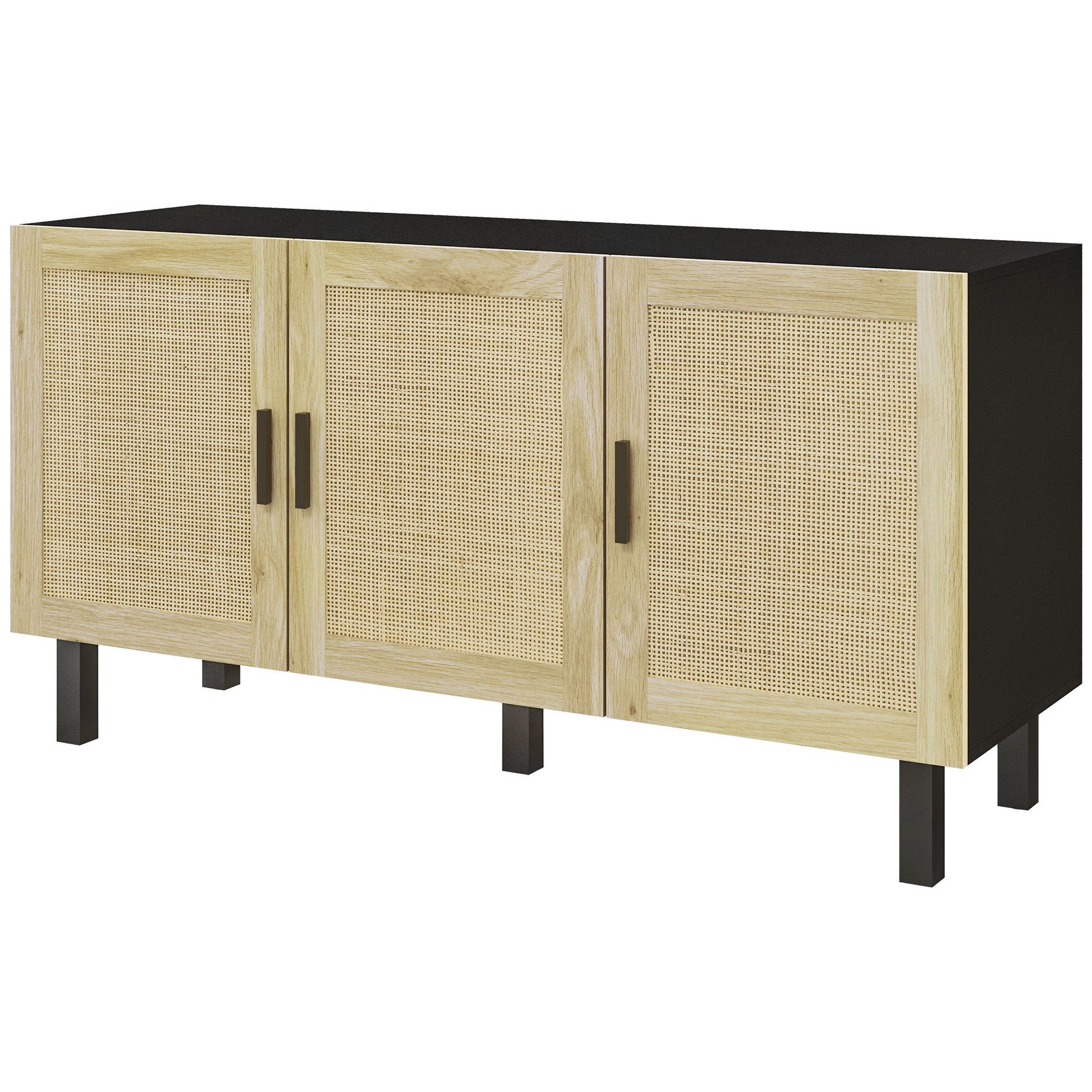 Rattan Storage Buffet with Cane Effect Door Cupboards, Adjustable Shelves, Storage Cabinet for Living Room, Kitchen, Bedroom, 136 x 41 x 70 cm, Black and Natural Wood