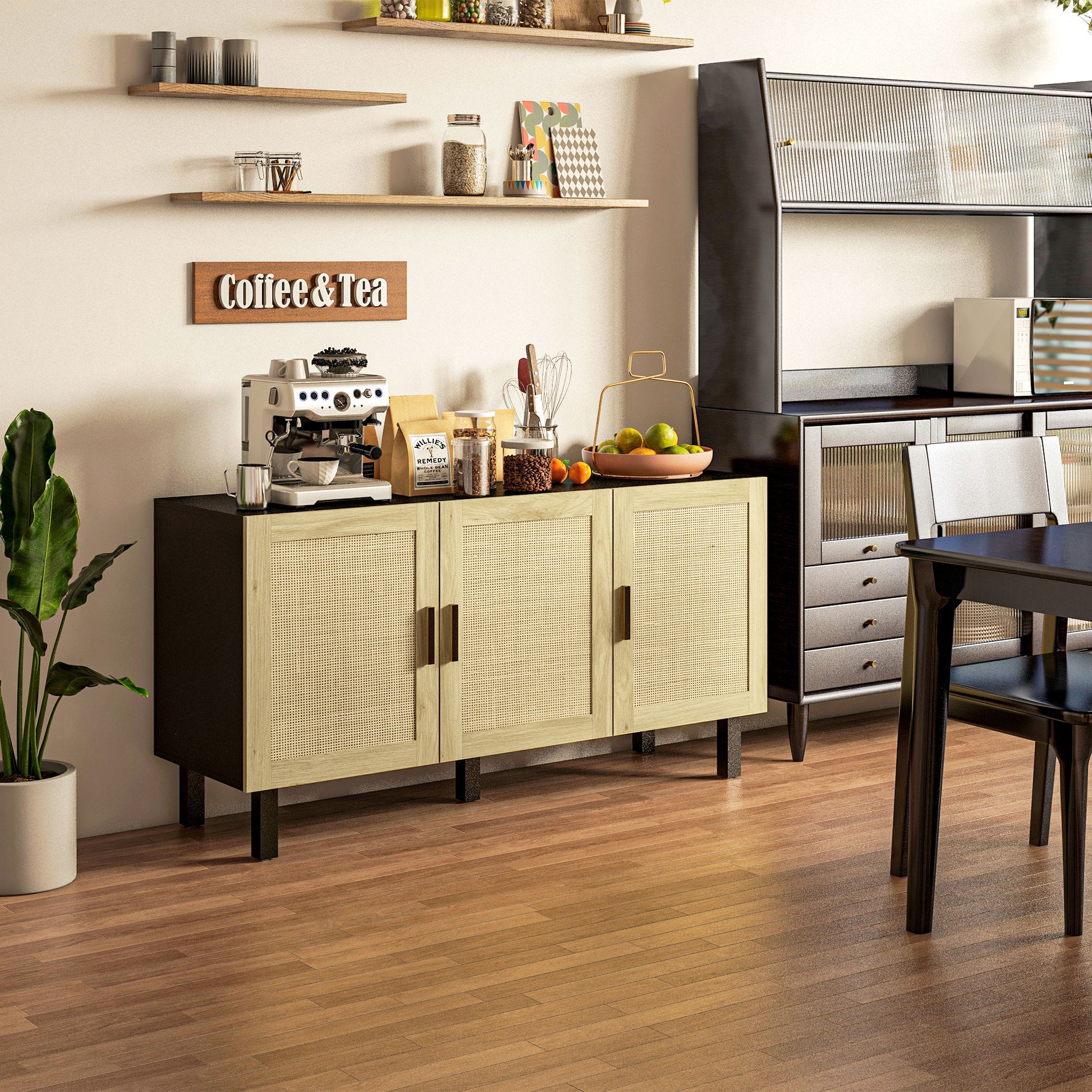 Rattan Storage Buffet with Cane Effect Door Cupboards, Adjustable Shelves, Storage Cabinet for Living Room, Kitchen, Bedroom, 136 x 41 x 70 cm, Black and Natural Wood