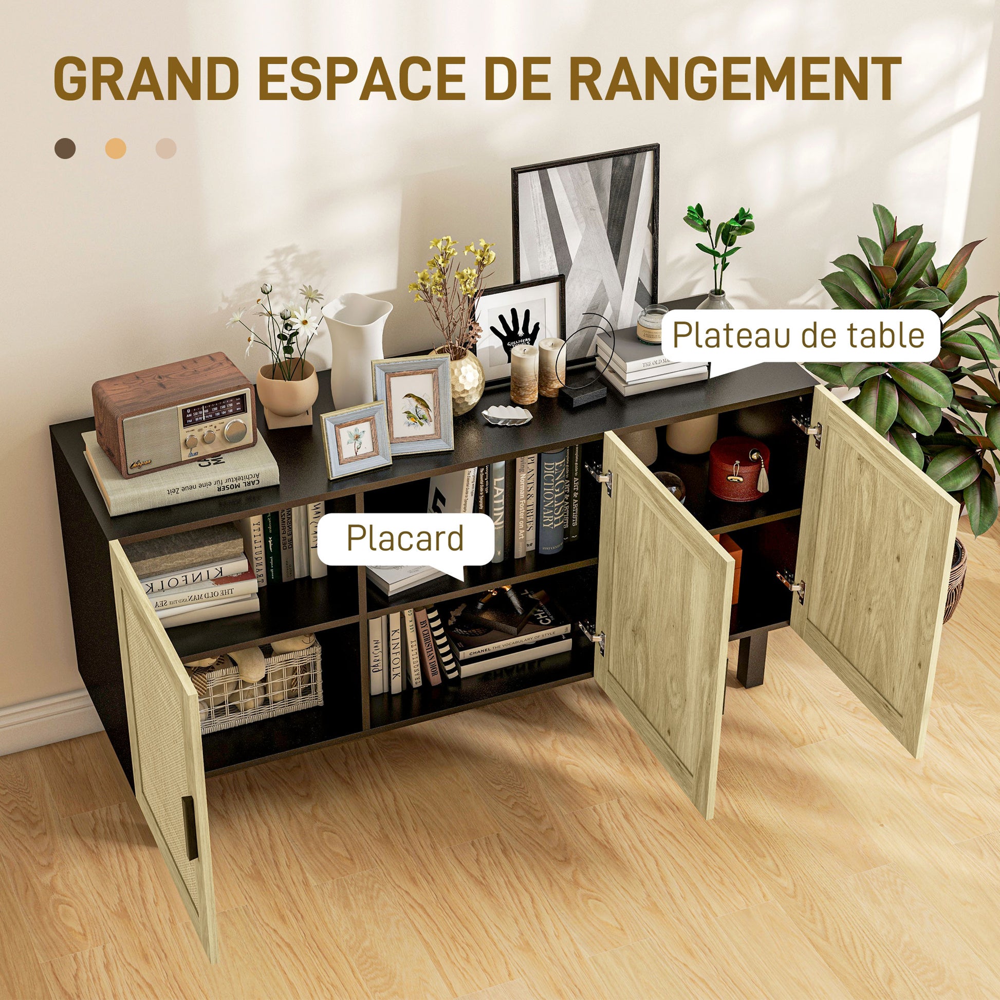 Rattan Storage Buffet with Cane Effect Door Cupboards, Adjustable Shelves, Storage Cabinet for Living Room, Kitchen, Bedroom, 136 x 41 x 70 cm, Black and Natural Wood