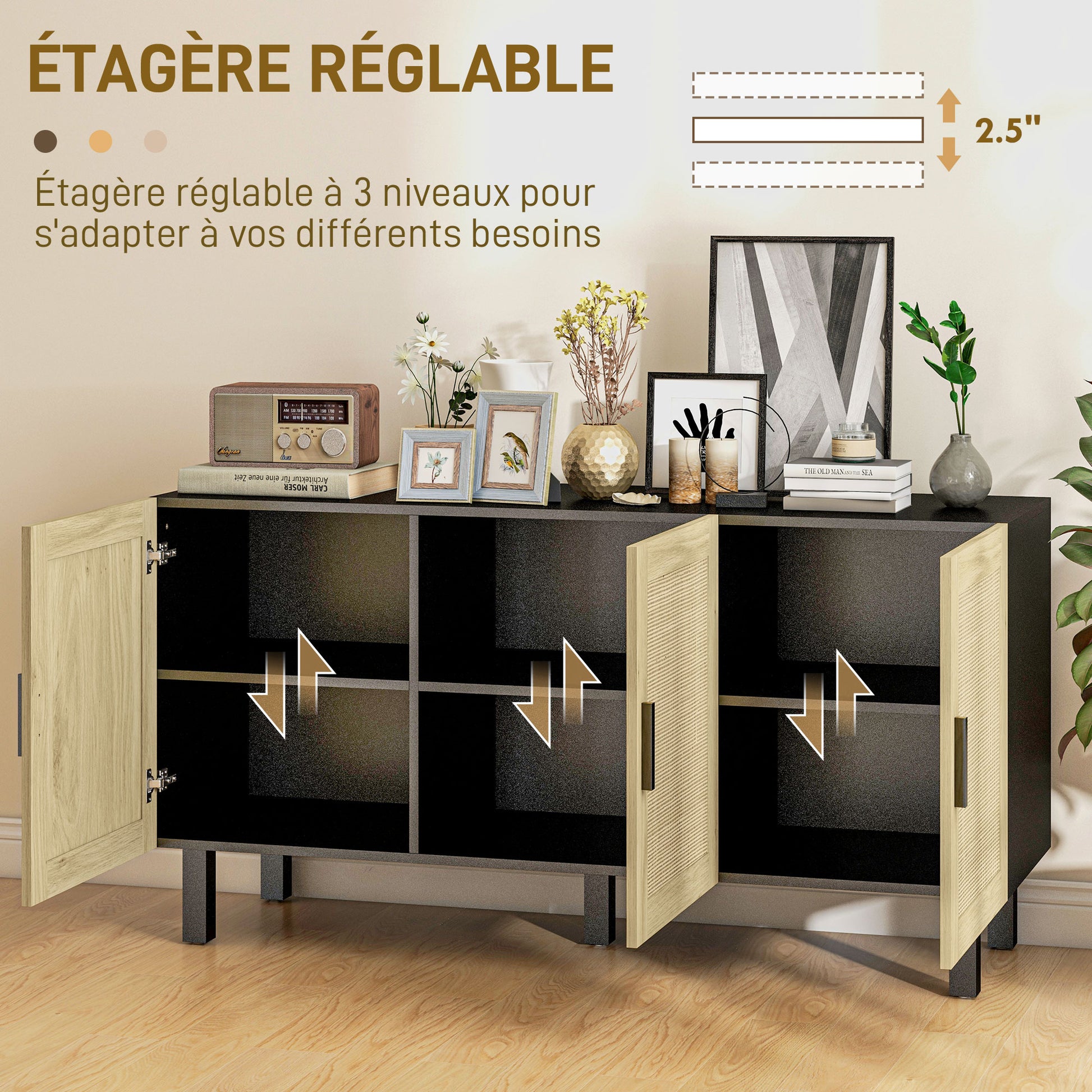Rattan Storage Buffet with Cane Effect Door Cupboards, Adjustable Shelves, Storage Cabinet for Living Room, Kitchen, Bedroom, 136 x 41 x 70 cm, Black and Natural Wood