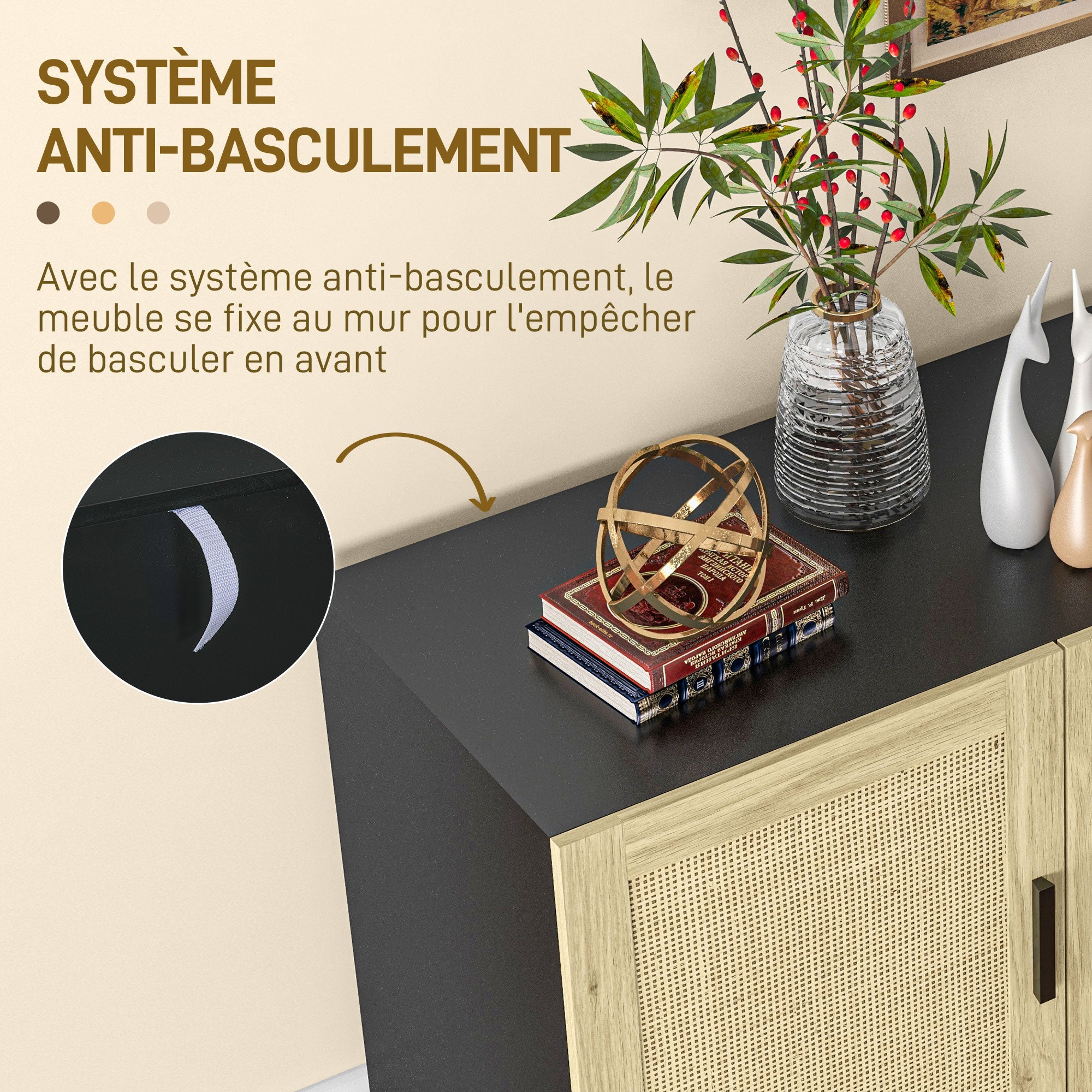 Rattan Storage Buffet with Cane Effect Door Cupboards, Adjustable Shelves, Storage Cabinet for Living Room, Kitchen, Bedroom, 136 x 41 x 70 cm, Black and Natural Wood