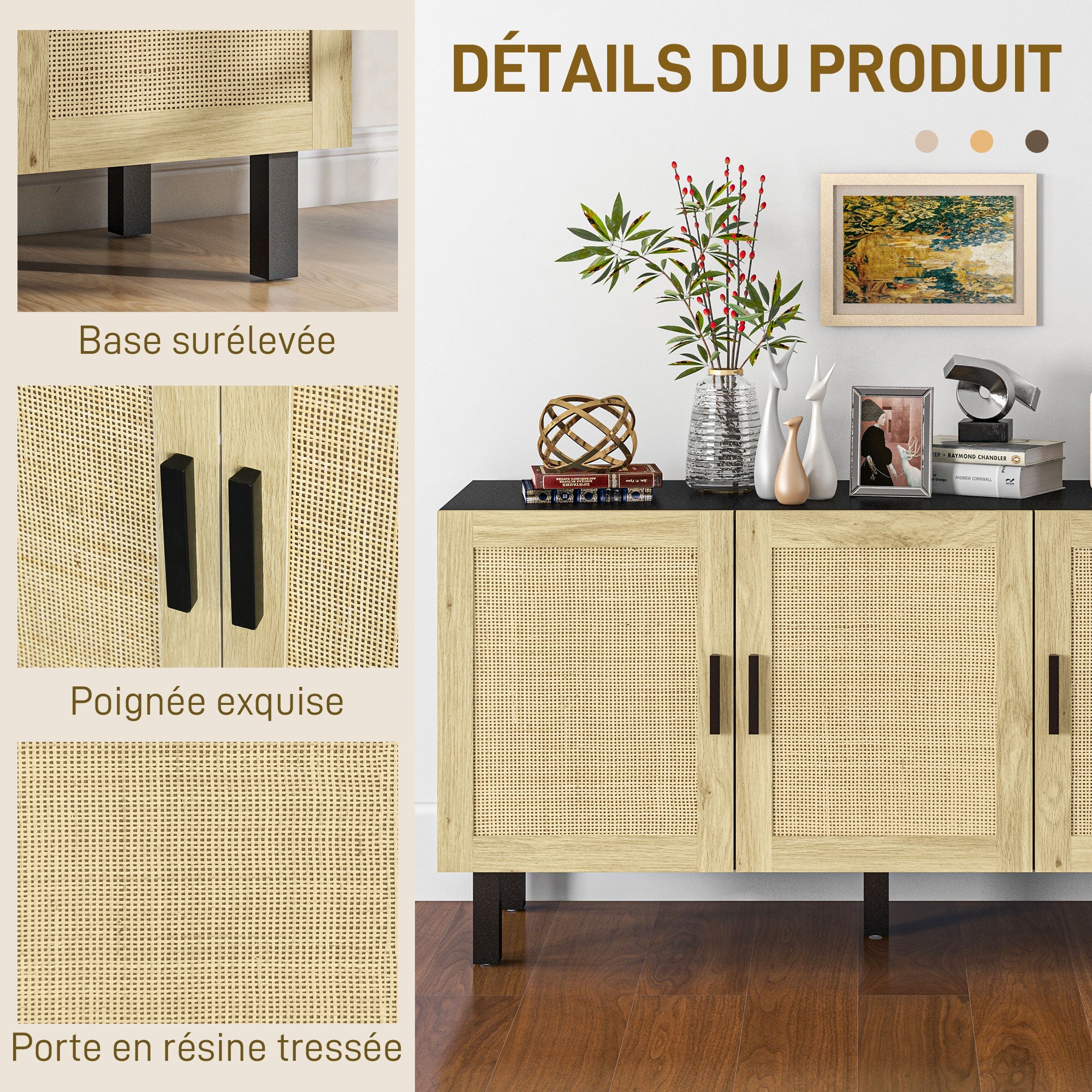 Rattan Storage Buffet with Cane Effect Door Cupboards, Adjustable Shelves, Storage Cabinet for Living Room, Kitchen, Bedroom, 136 x 41 x 70 cm, Black and Natural Wood