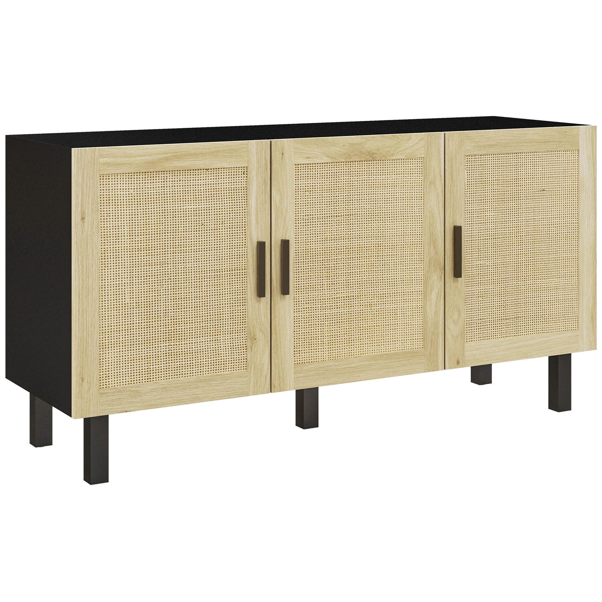 Rattan Storage Buffet with Cane Effect Door Cupboards, Adjustable Shelves, Storage Cabinet for Living Room, Kitchen, Bedroom, 136 x 41 x 70 cm, Black and Natural Wood