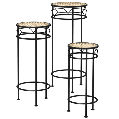 Set of 3 Flower Pot Stands Plant Supports Round Flower Shelf Stackable Plant Stands - Rattan-Look Trays - Gold and Black Metal