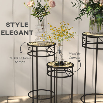 Set of 3 Flower Pot Stands Plant Supports Round Flower Shelf Stackable Plant Stands - Rattan-Look Trays - Gold and Black Metal