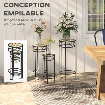 Set of 3 Flower Pot Stands Plant Supports Round Flower Shelf Stackable Plant Stands - Rattan-Look Trays - Gold and Black Metal