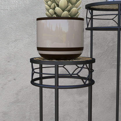 Set of 3 Flower Pot Stands Plant Supports Round Flower Shelf Stackable Plant Stands - Rattan-Look Trays - Gold and Black Metal