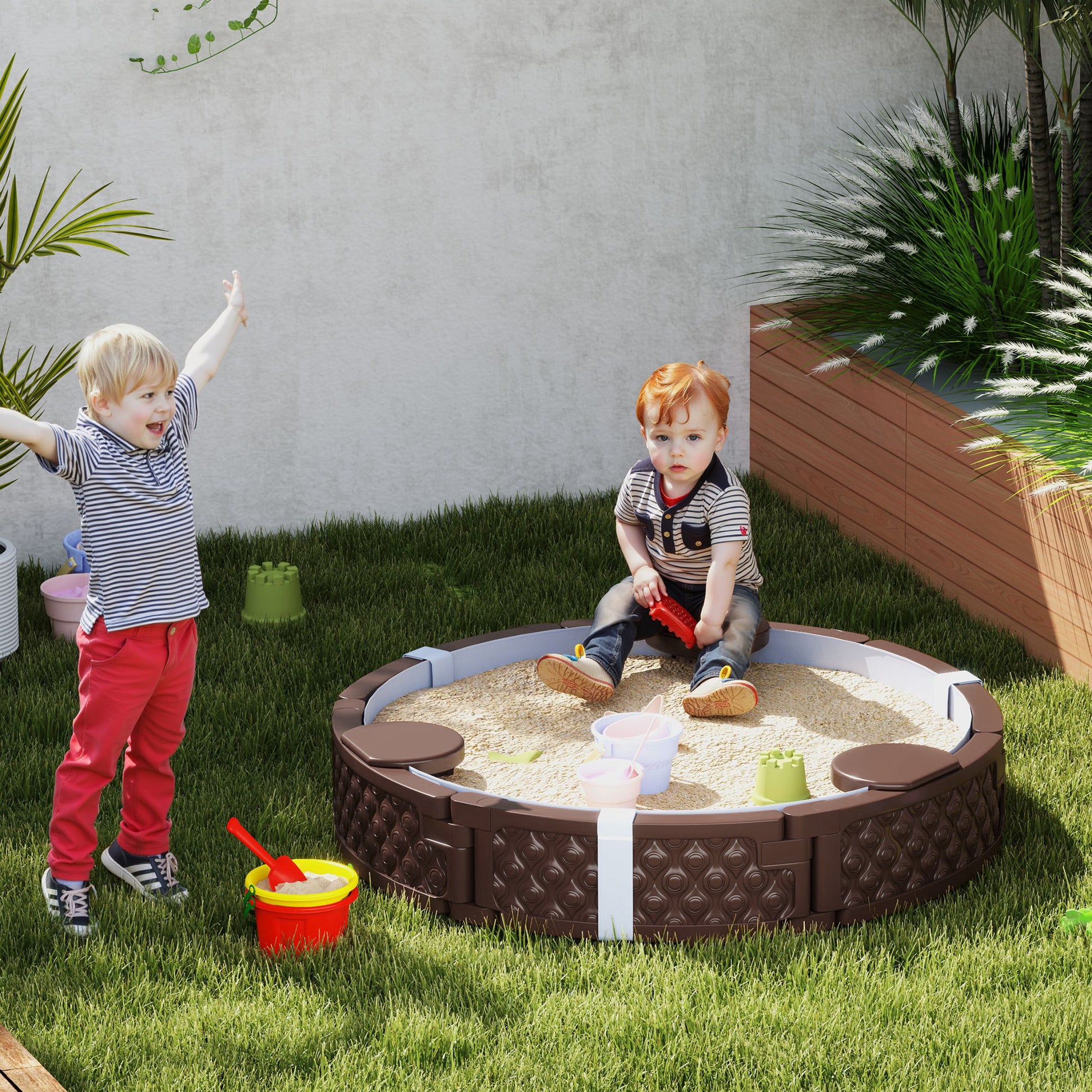 Sandbox 120 x 120 cm Impregnated Children Sandbox with Benches Ground Fleece, Base, Weather-Resistant Sand Pit for Outdoor Terrace Balcony Garden