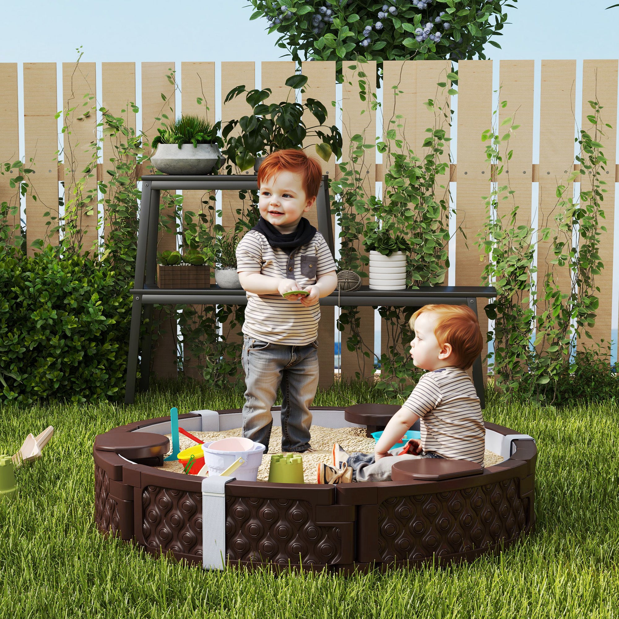 Sandbox 120 x 120 cm Impregnated Children Sandbox with Benches Ground Fleece, Base, Weather-Resistant Sand Pit for Outdoor Terrace Balcony Garden