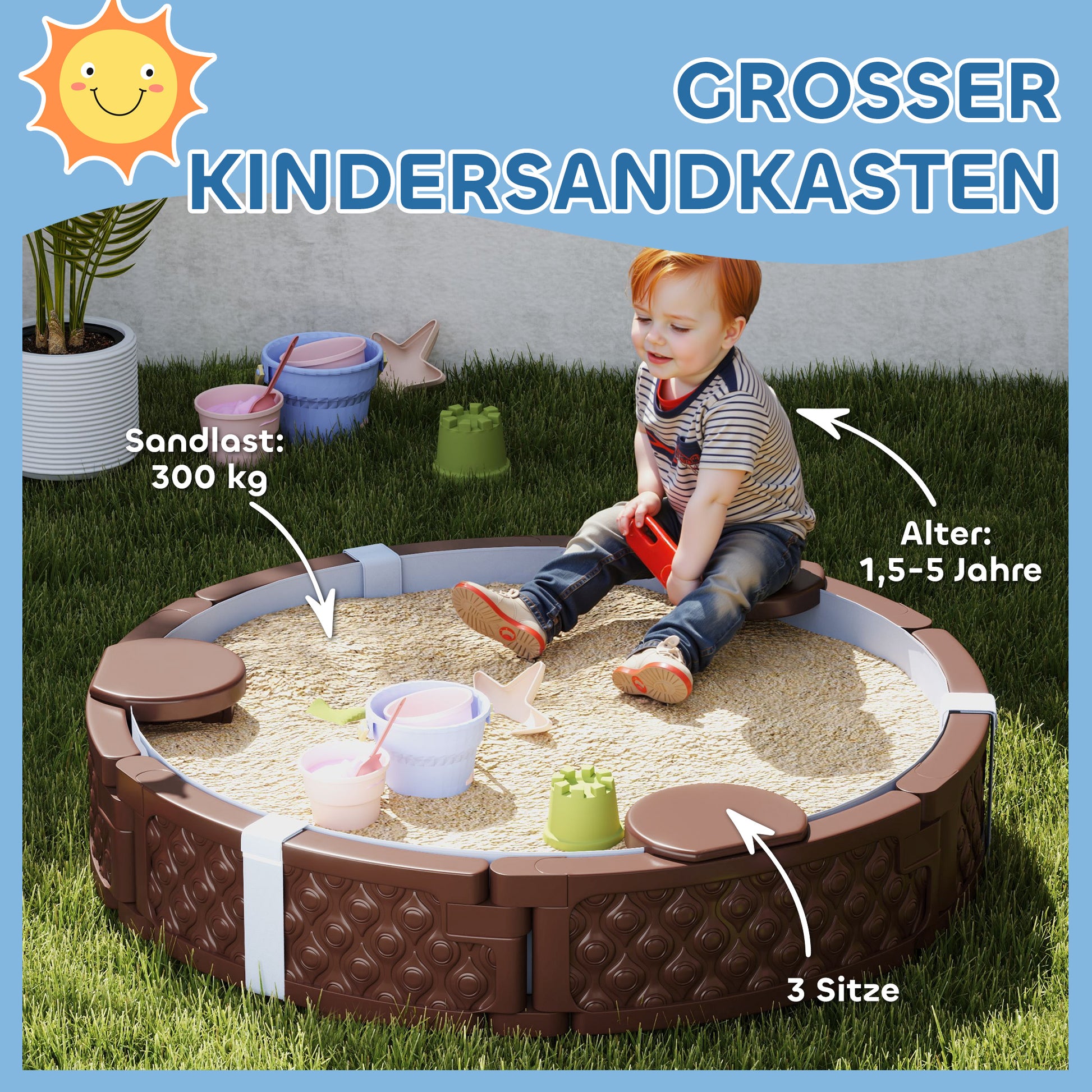 Sandbox 120 x 120 cm Impregnated Children Sandbox with Benches Ground Fleece, Base, Weather-Resistant Sand Pit for Outdoor Terrace Balcony Garden