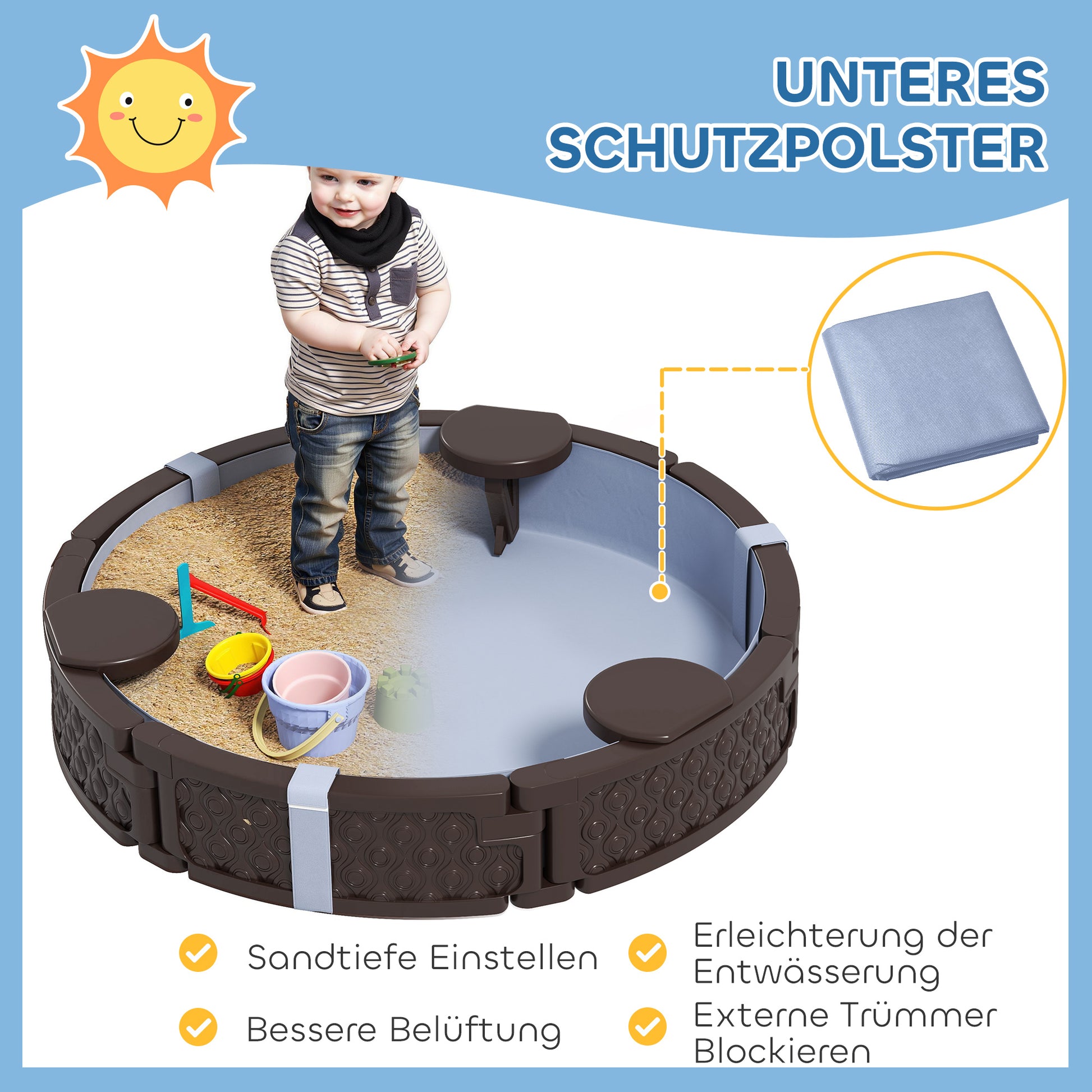 Sandbox 120 x 120 cm Impregnated Children Sandbox with Benches Ground Fleece, Base, Weather-Resistant Sand Pit for Outdoor Terrace Balcony Garden