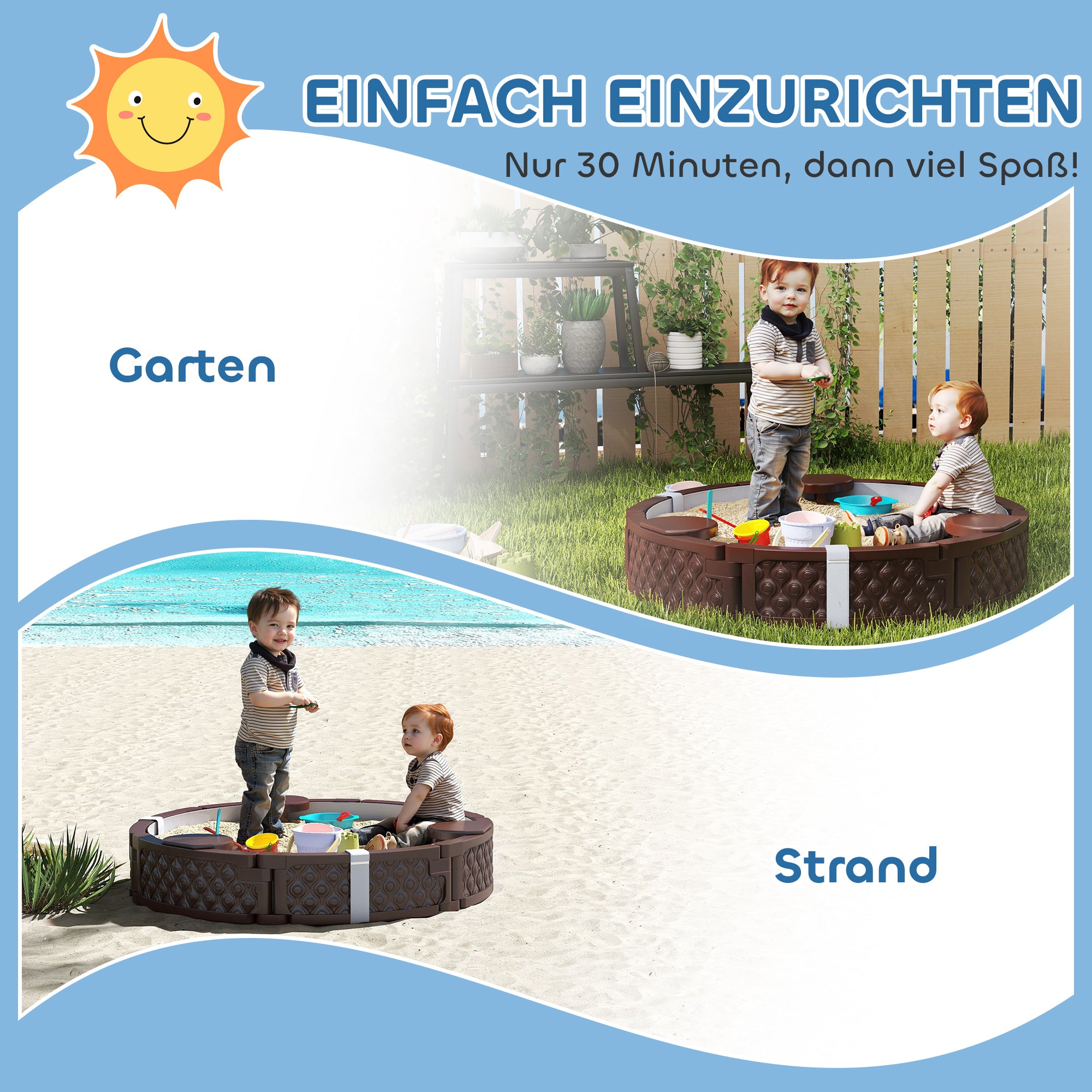 Sandbox 120 x 120 cm Impregnated Children Sandbox with Benches Ground Fleece, Base, Weather-Resistant Sand Pit for Outdoor Terrace Balcony Garden