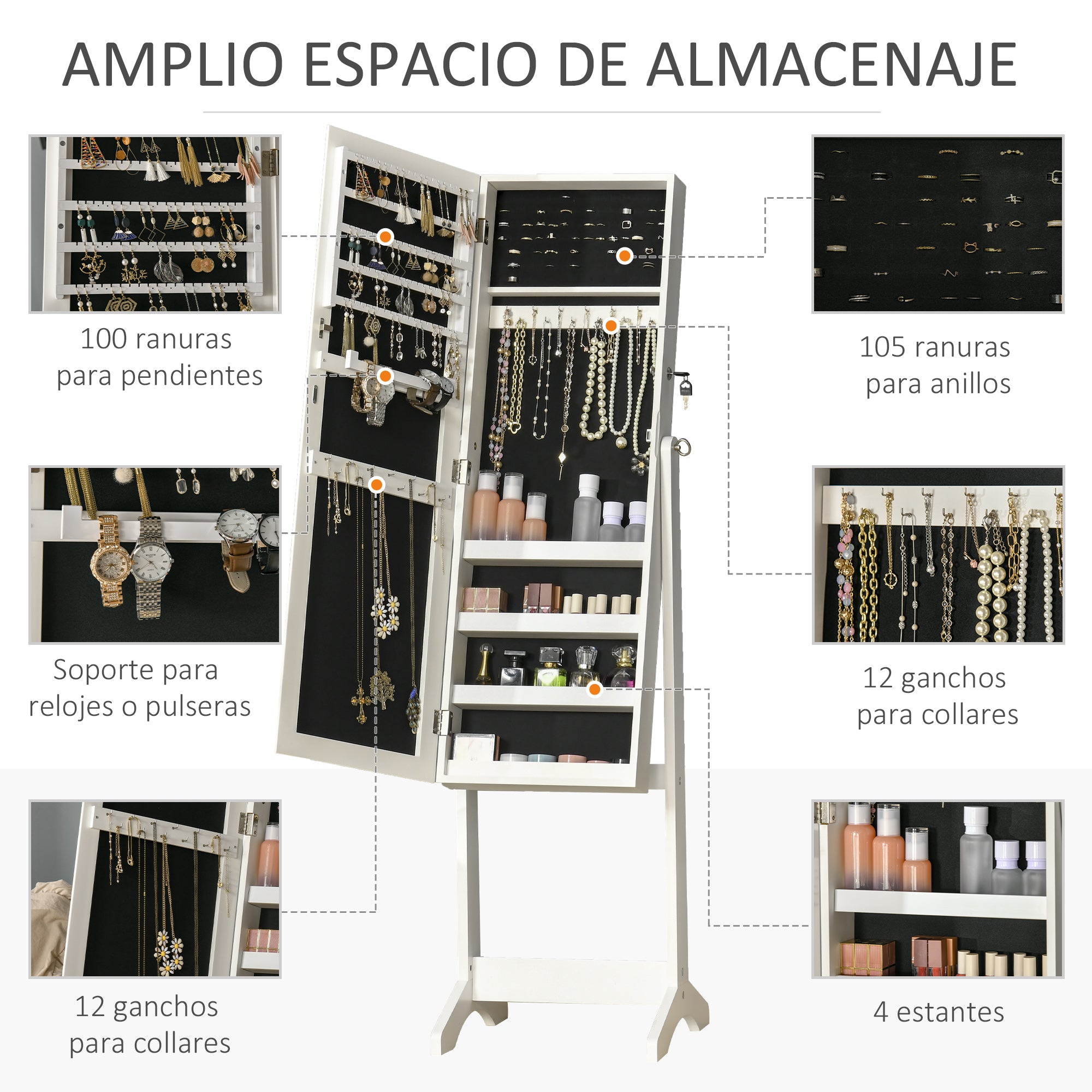 Standing Jewelry Mirror Cabinet with 3 Adjustable Angles Magnetic Lock Jewelry Organizer with Shelves Earring Slots Ring Hooks Necklaces 46x36.5x151.5 cm White