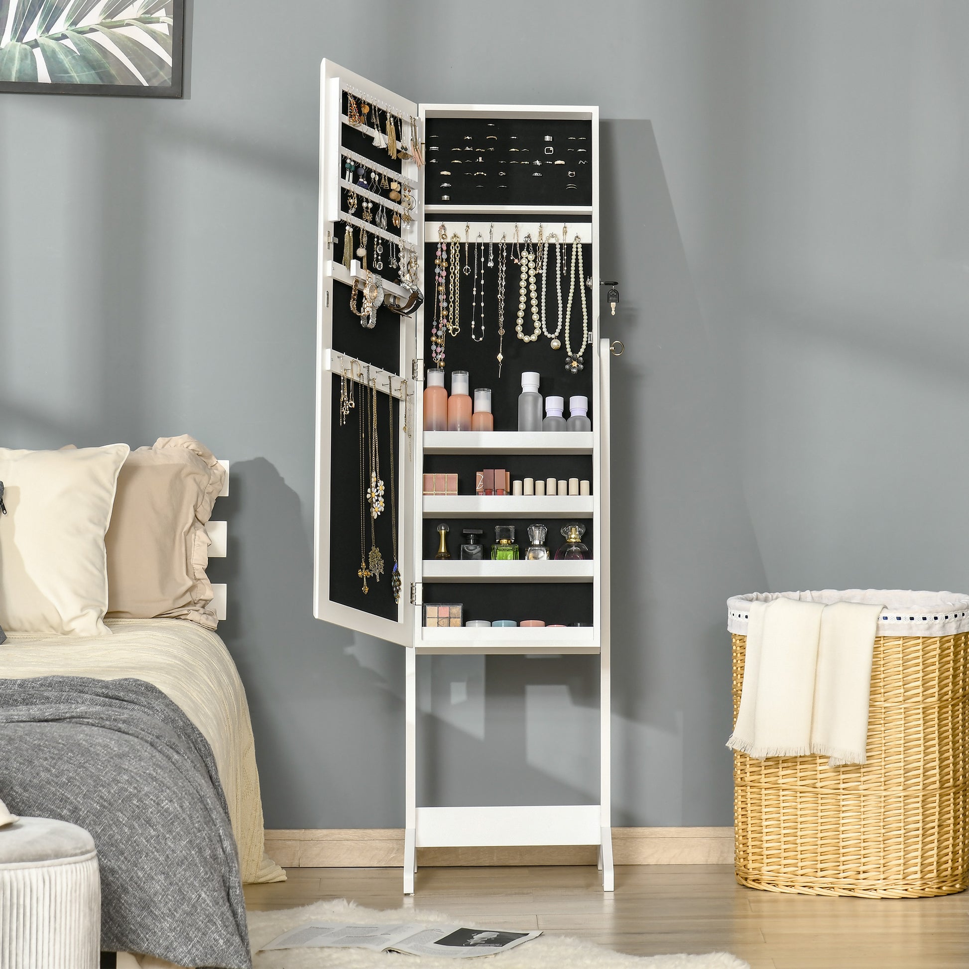 Standing Jewelry Mirror Cabinet with 3 Adjustable Angles Magnetic Lock Jewelry Organizer with Shelves Earring Slots Ring Hooks Necklaces 46x36.5x151.5 cm White