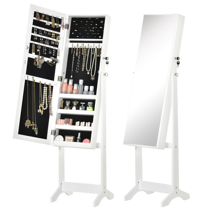 Standing Jewelry Mirror Cabinet with 3 Adjustable Angles Magnetic Lock Jewelry Organizer with Shelves Earring Slots Ring Hooks Necklaces 46x36.5x151.5 cm White
