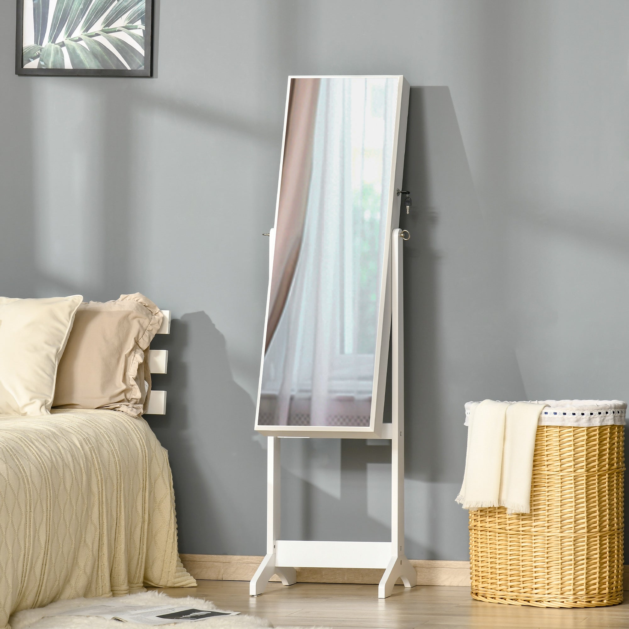 Standing Jewelry Mirror Cabinet with 3 Adjustable Angles Magnetic Lock Jewelry Organizer with Shelves Earring Slots Ring Hooks Necklaces 46x36.5x151.5 cm White