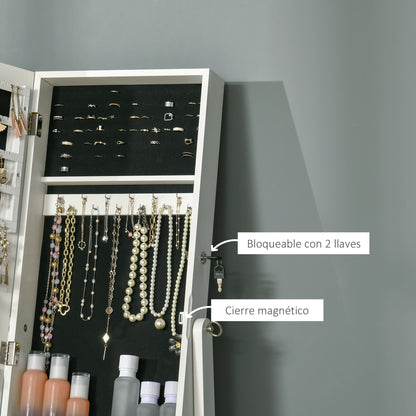 Standing Jewelry Mirror Cabinet with 3 Adjustable Angles Magnetic Lock Jewelry Organizer with Shelves Earring Slots Ring Hooks Necklaces 46x36.5x151.5 cm White