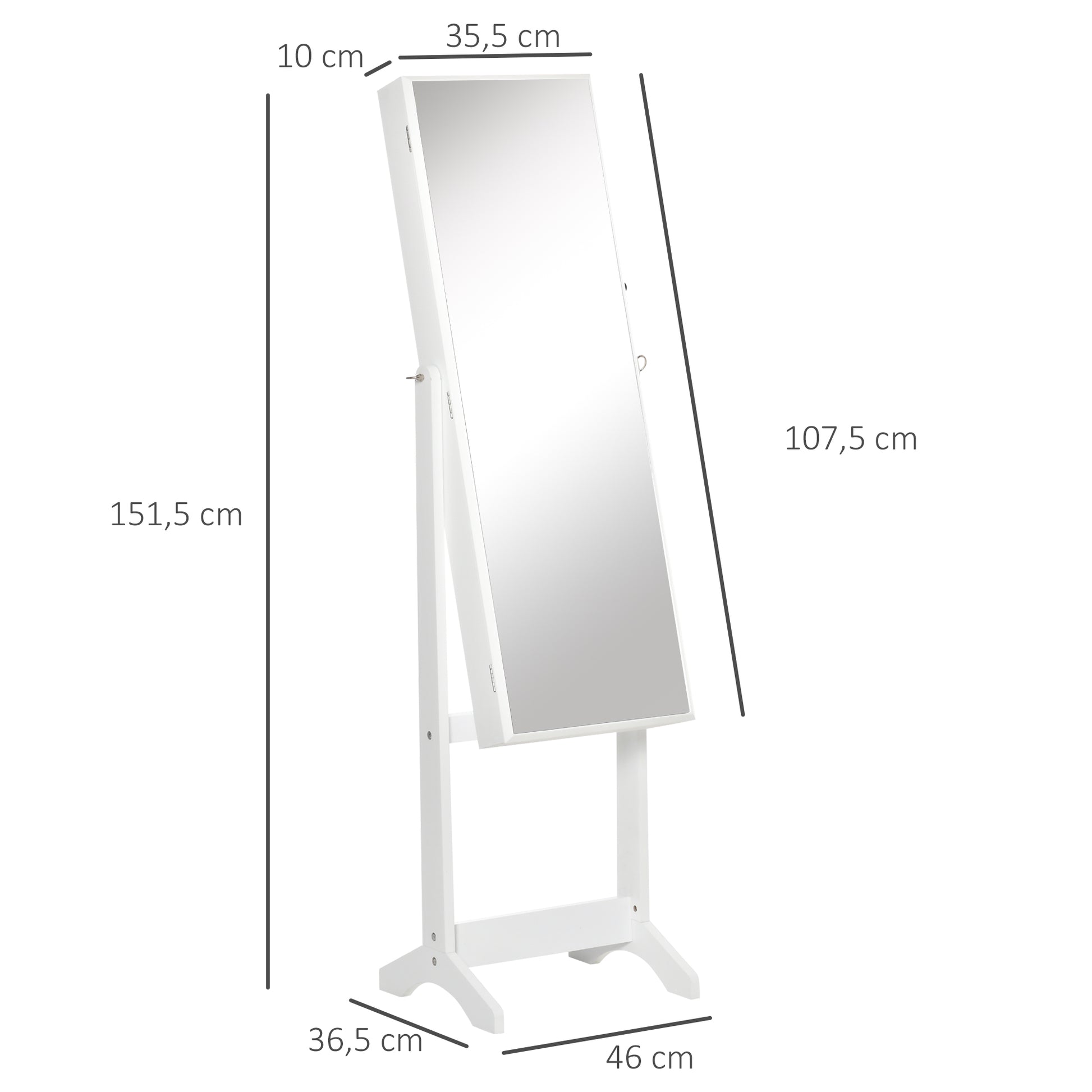 Standing Jewelry Mirror Cabinet with 3 Adjustable Angles Magnetic Lock Jewelry Organizer with Shelves Earring Slots Ring Hooks Necklaces 46x36.5x151.5 cm White