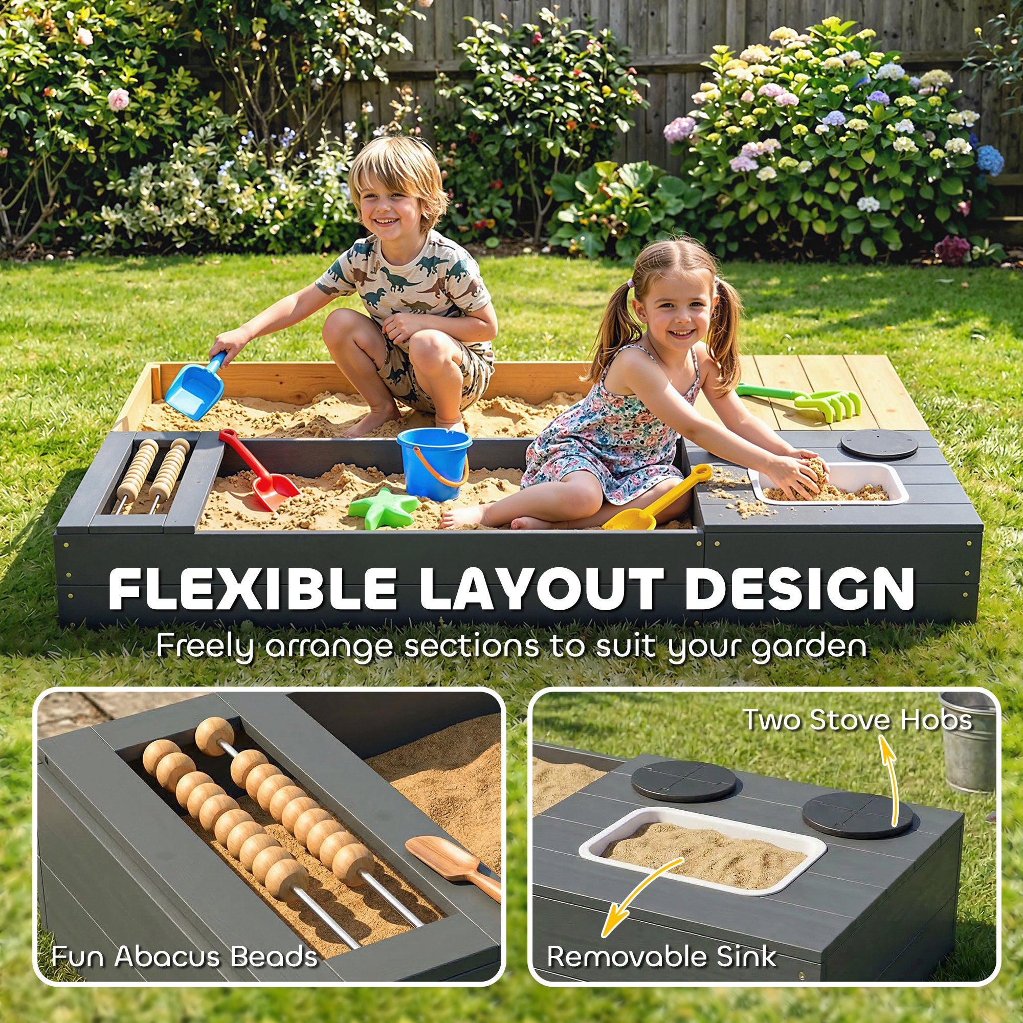 2-Piece Wooden Sandbox 59.1 x 35.4 in with Bench, Storage, Play Stove & Removable Sink, Abacus Beads – Ages 3–8, Yellow