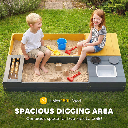 2-Piece Wooden Sandbox 59.1 x 35.4 in with Bench, Storage, Play Stove & Removable Sink, Abacus Beads – Ages 3–8, Yellow