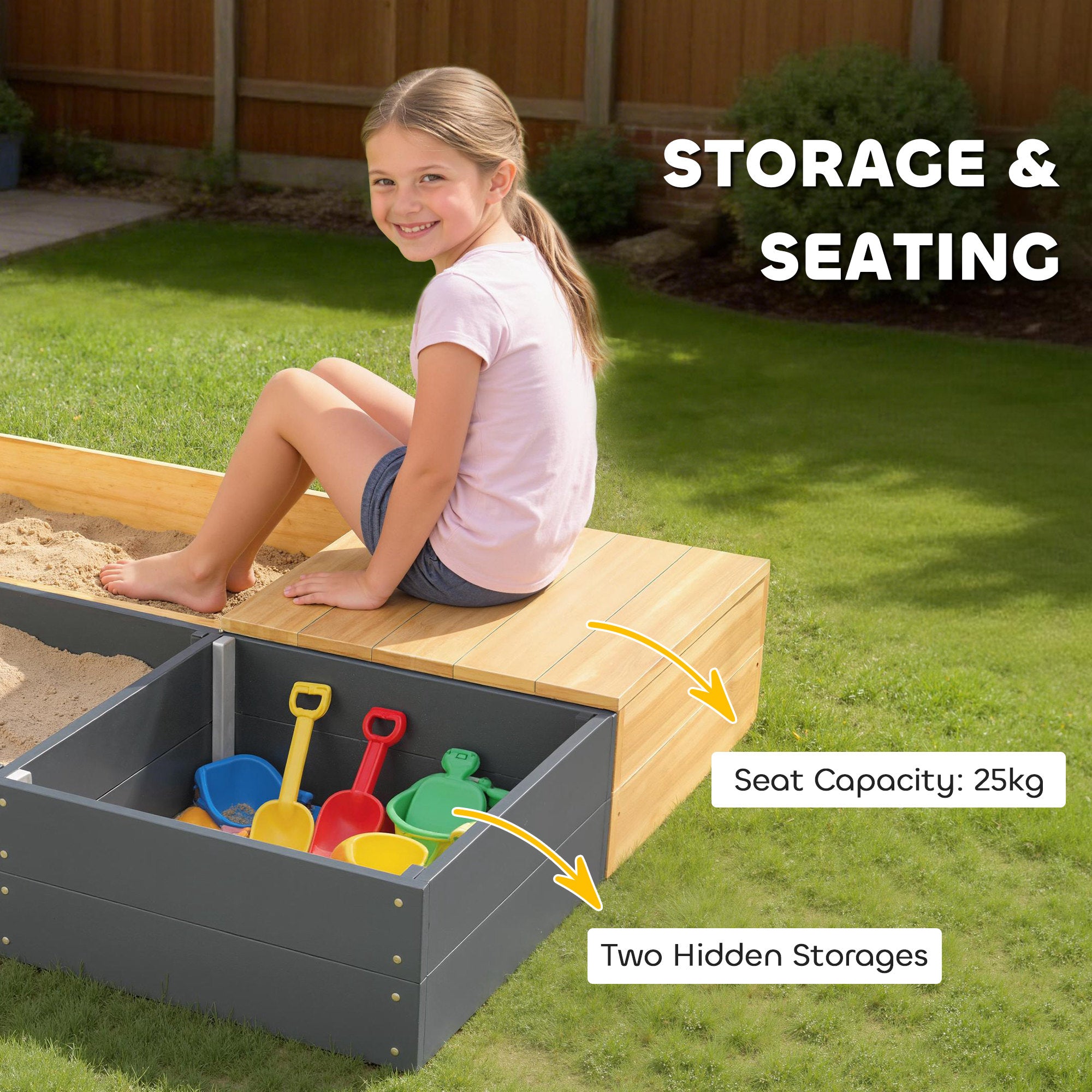 2-Piece Wooden Sandbox 59.1 x 35.4 in with Bench, Storage, Play Stove & Removable Sink, Abacus Beads – Ages 3–8, Yellow