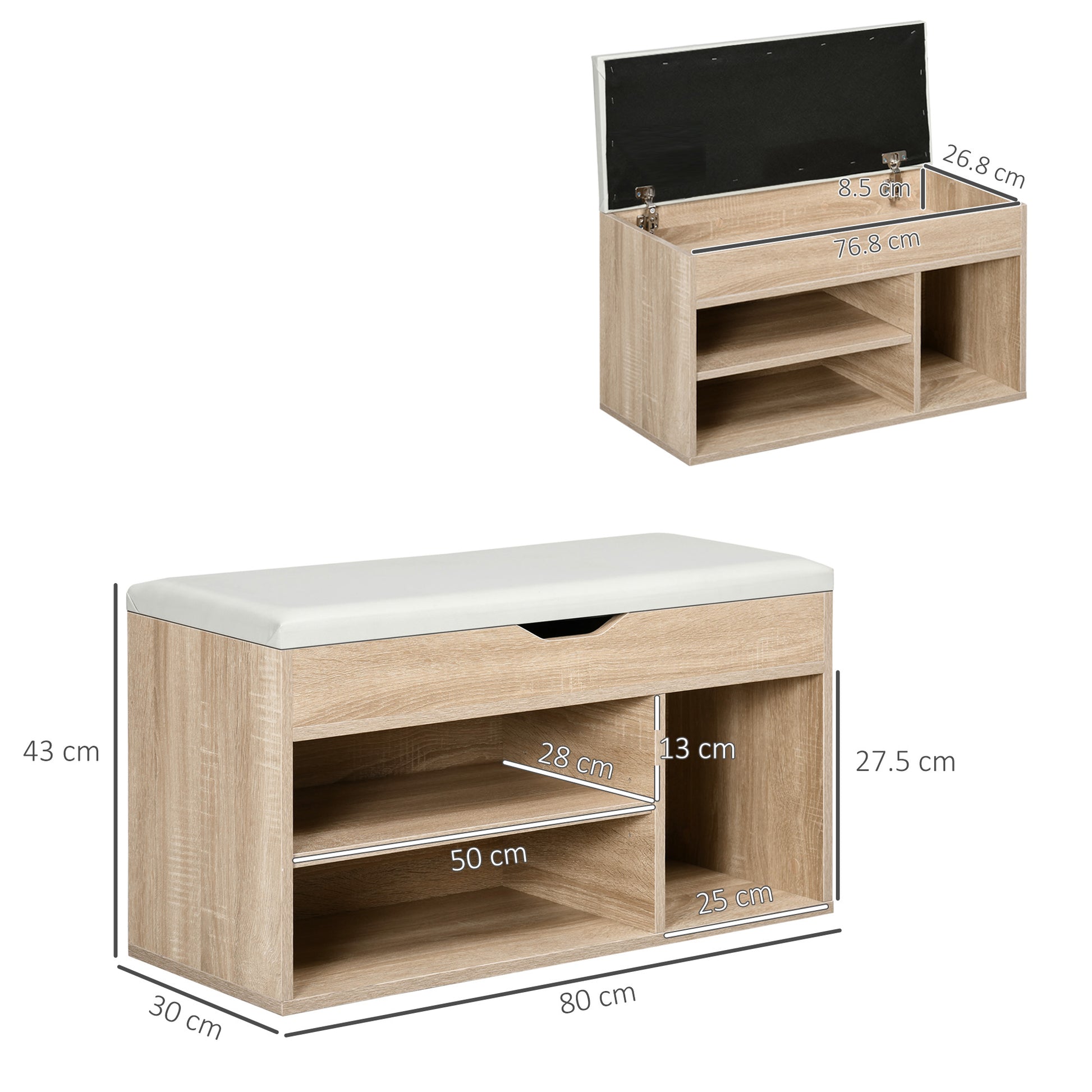 Space-Saving Padded Entryway Shoe Cabinet, Entryway Cabinet with Shoe Storage, with 3 Compartments, PU Leather Seat, for Living Room and Hallway, 80x30x43 cm, Wood Color