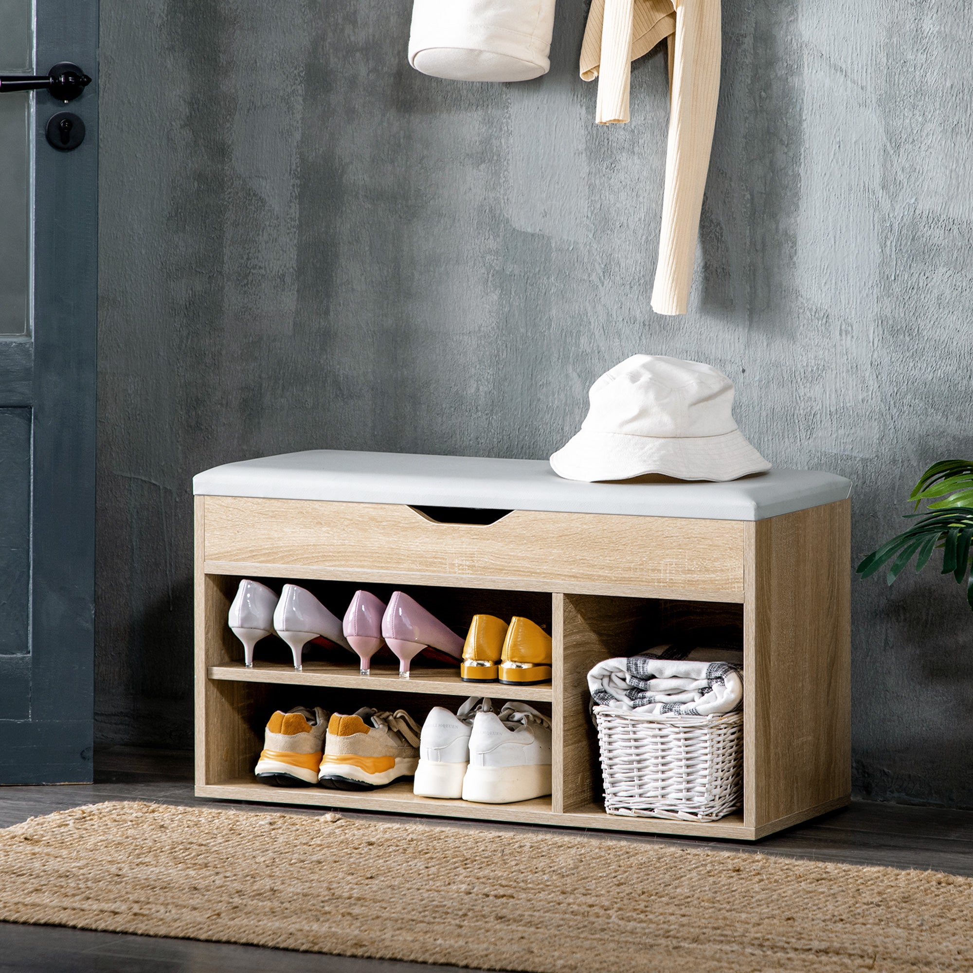 Space-Saving Padded Entryway Shoe Cabinet, Entryway Cabinet with Shoe Storage, with 3 Compartments, PU Leather Seat, for Living Room and Hallway, 80x30x43 cm, Wood Color