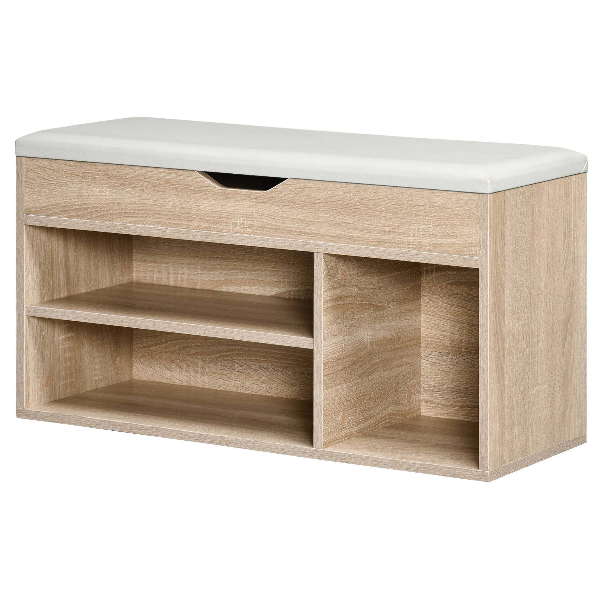 Space-Saving Padded Entryway Shoe Cabinet, Entryway Cabinet with Shoe Storage, with 3 Compartments, PU Leather Seat, for Living Room and Hallway, 80x30x43 cm, Wood Color