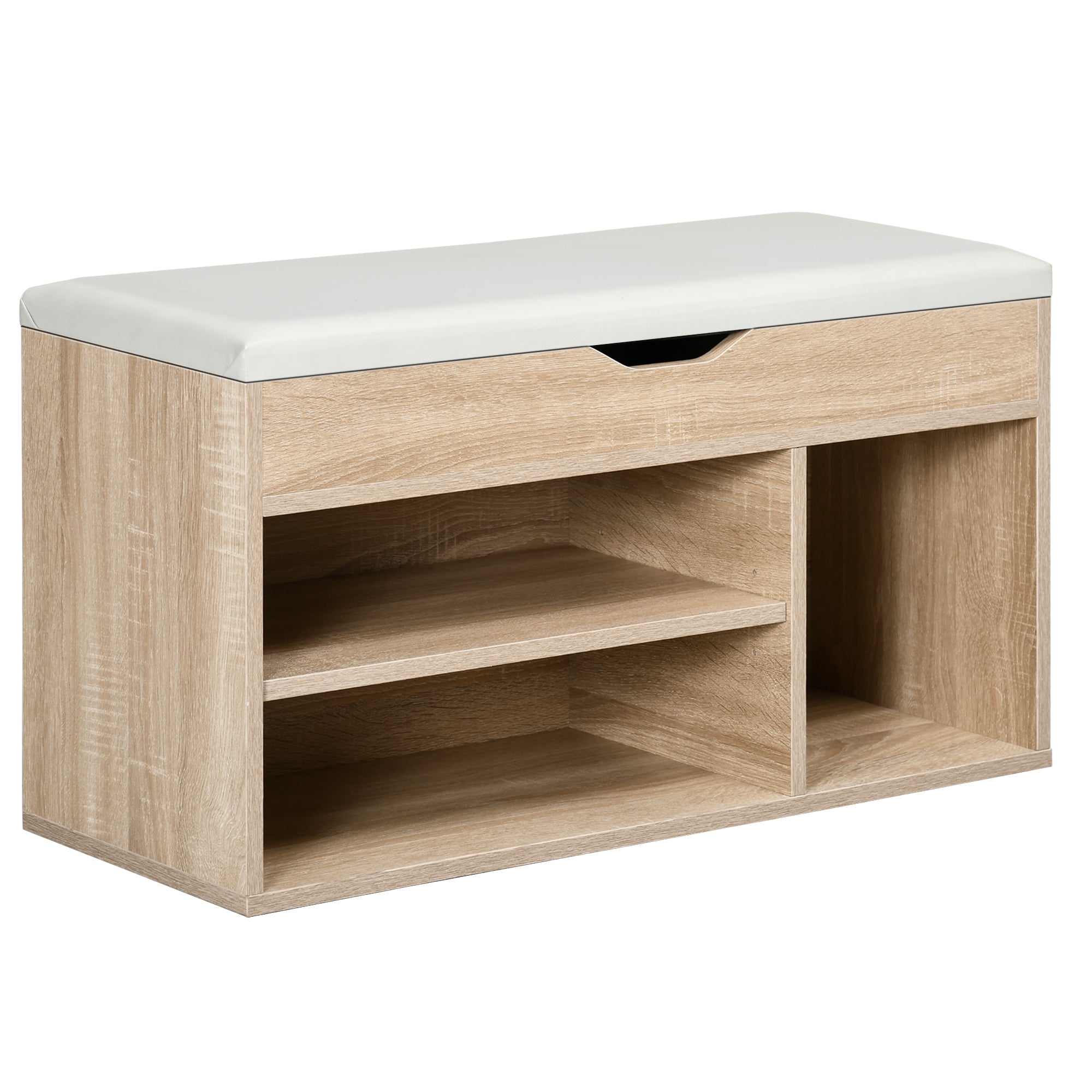 Space-Saving Padded Entryway Shoe Cabinet, Entryway Cabinet with Shoe Storage, with 3 Compartments, PU Leather Seat, for Living Room and Hallway, 80x30x43 cm, Wood Color