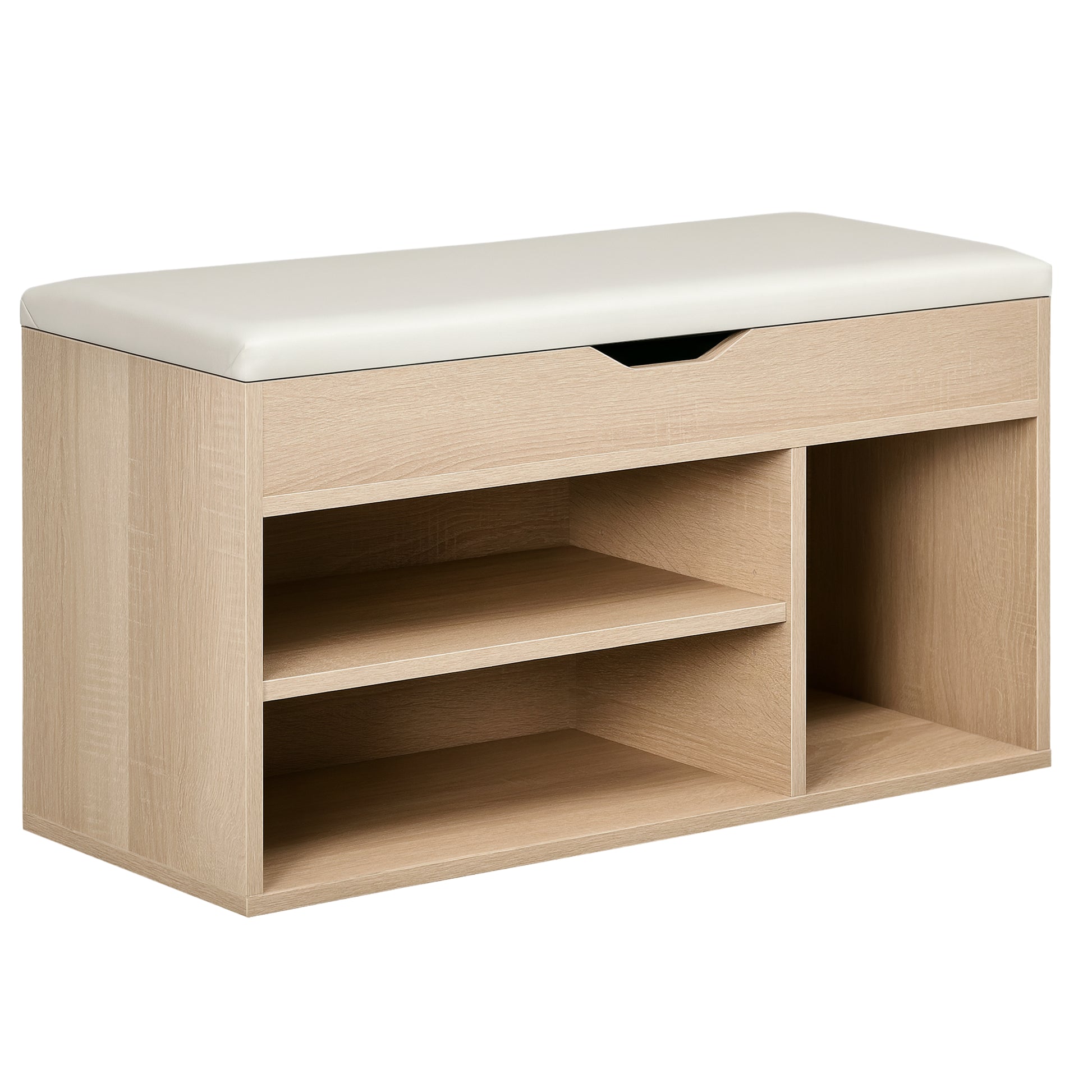 Space-Saving Padded Entryway Shoe Cabinet, Entryway Cabinet with Shoe Storage, with 3 Compartments, PU Leather Seat, for Living Room and Hallway, 80x30x43 cm, Wood Color