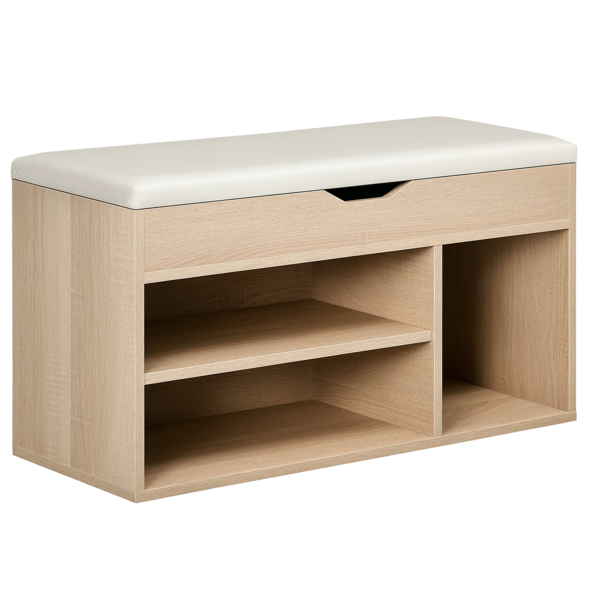 Space-Saving Padded Entryway Shoe Cabinet, Entryway Cabinet with Shoe Storage, with 3 Compartments, PU Leather Seat, for Living Room and Hallway, 80x30x43 cm, Wood Color