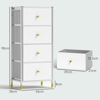 Fabric Chest of Drawers with 4 Foldable Drawers with PU Fronts and Steel Frame for Bedroom Living Room White