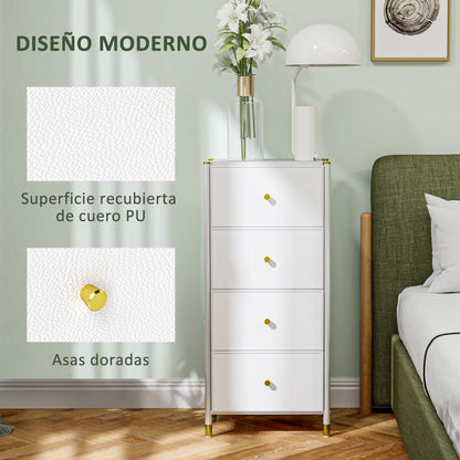 Fabric Chest of Drawers with 4 Foldable Drawers with PU Fronts and Steel Frame for Bedroom Living Room White