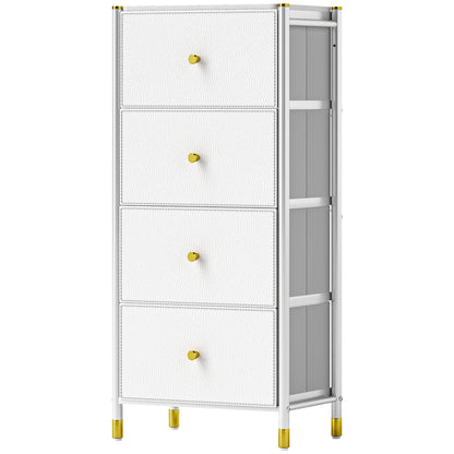 Fabric Chest of Drawers with 4 Foldable Drawers with PU Fronts and Steel Frame for Bedroom Living Room White