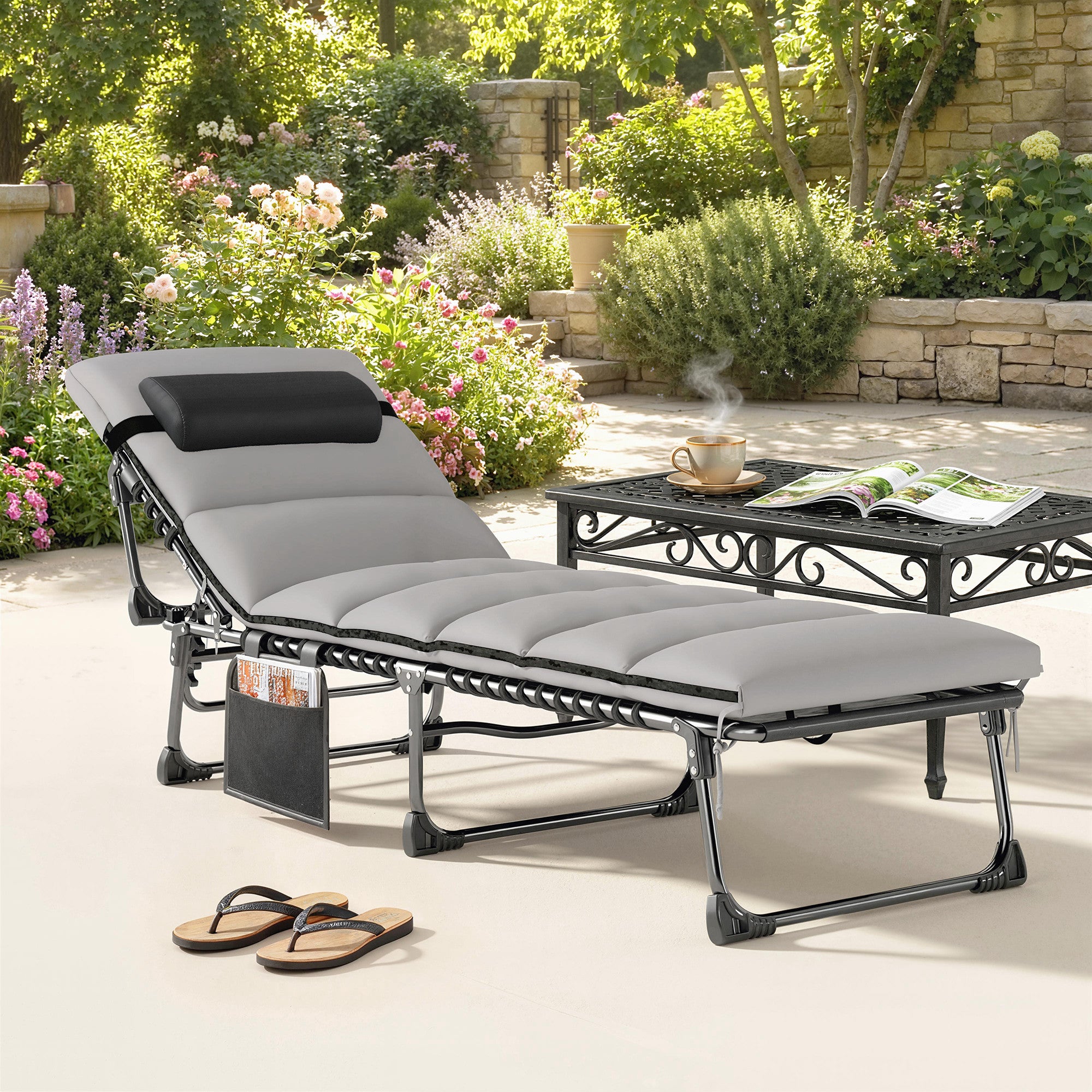 Folding Portable Sun Lounger – 5-Position Adjustable Backrest, Padded Mattress & Headrest, Side Pocket, Breathable Mesh Recliner for Garden, Patio & Pool